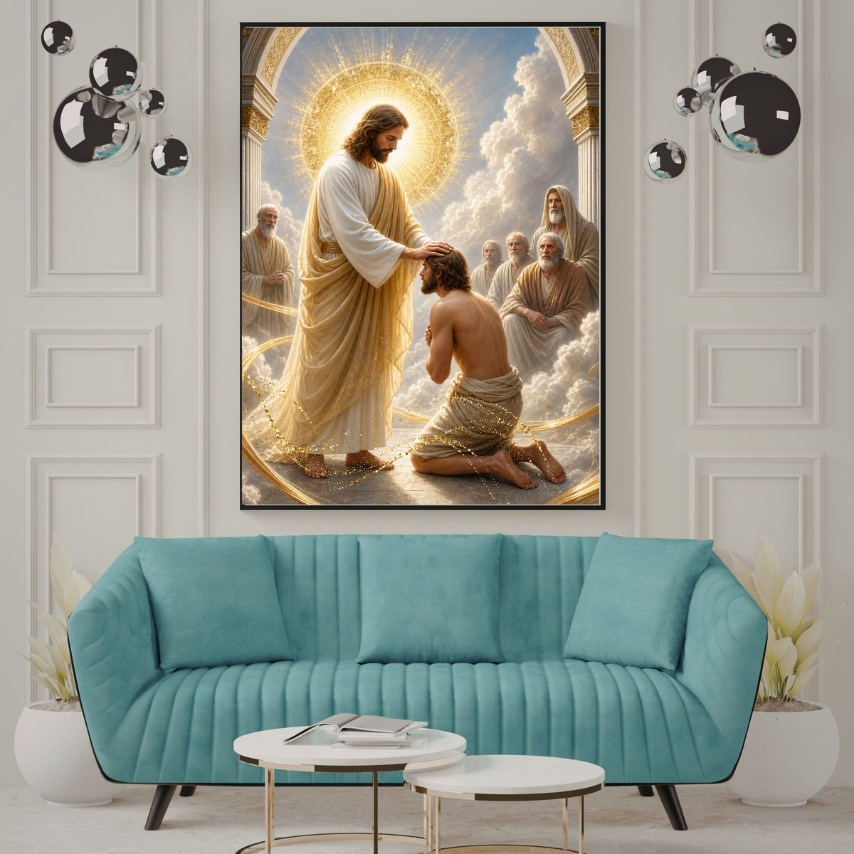 Jesus Blessing Kneeling Man Wall Art Printable | Laying on of Hands Divine Ordination Healing Touch Gold Arch Throne Room Print | Christian Faith Spiritual Gift Decor