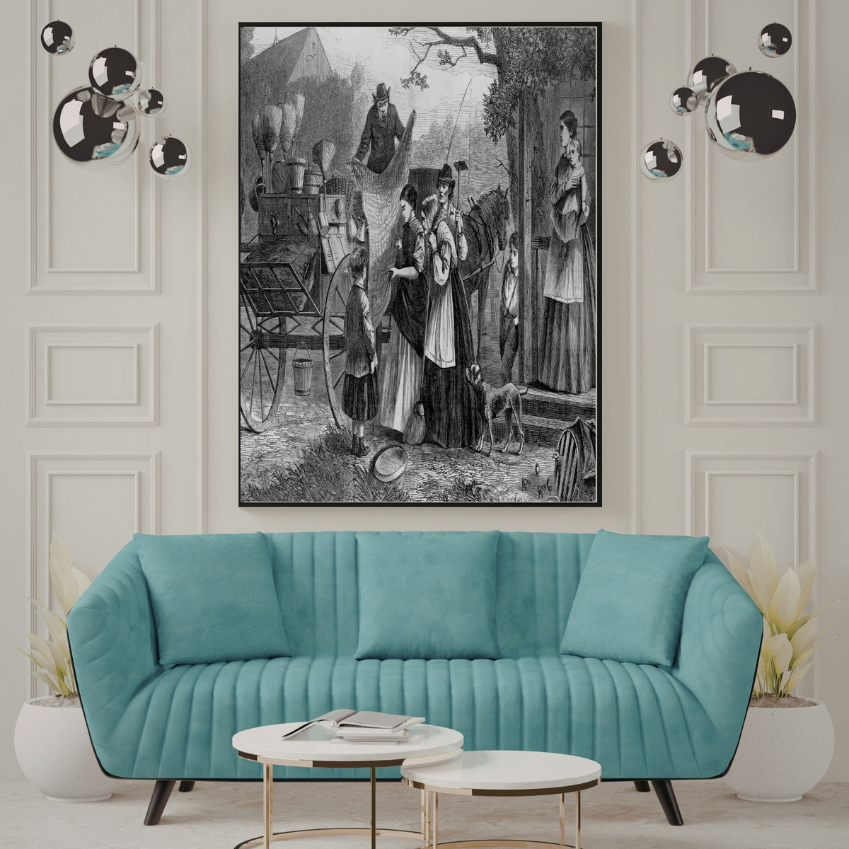 Antique Village Market Wall Art Printable, Historical Street Scene Illustration