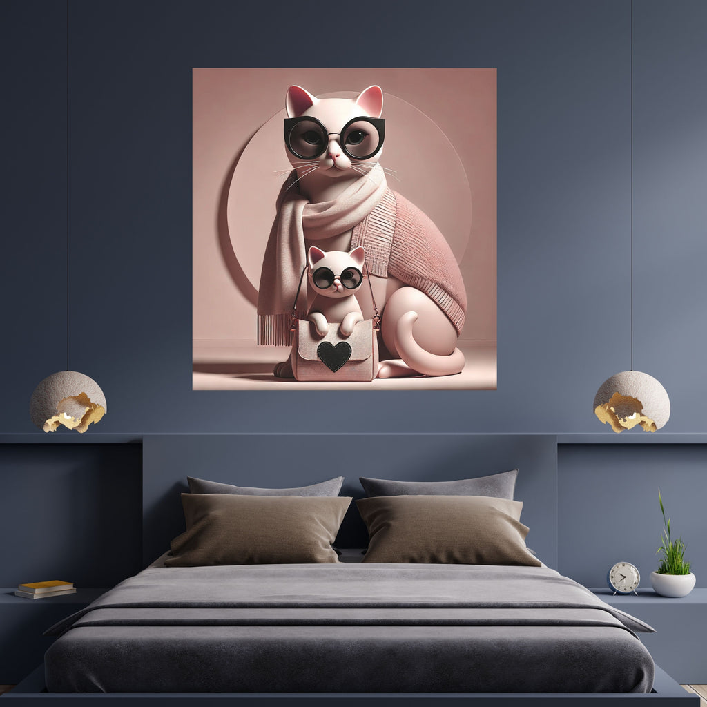 Fashionable Cat Mother and Kitten Wall Art Printable, Cute Cat with Sunglasses Pink Scarf Heart Bag Nursery Poster, Blush Pink Cat Lover Home Decor Print, Digital Download, 300 DPI