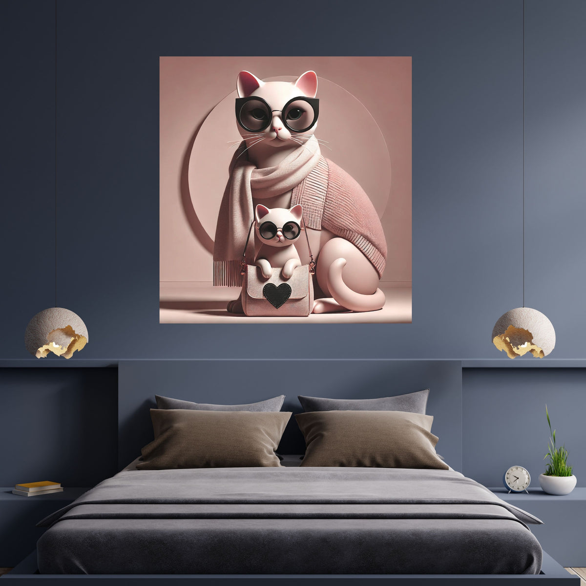 Fashionable Cat Mother and Kitten Wall Art Bundle, Commercial Use Cute Cat Sunglasses Pink Scarf Heart Bag Nursery Poster, Blush Pink Cat Lover POD Print, Digital Download, 300 DPI