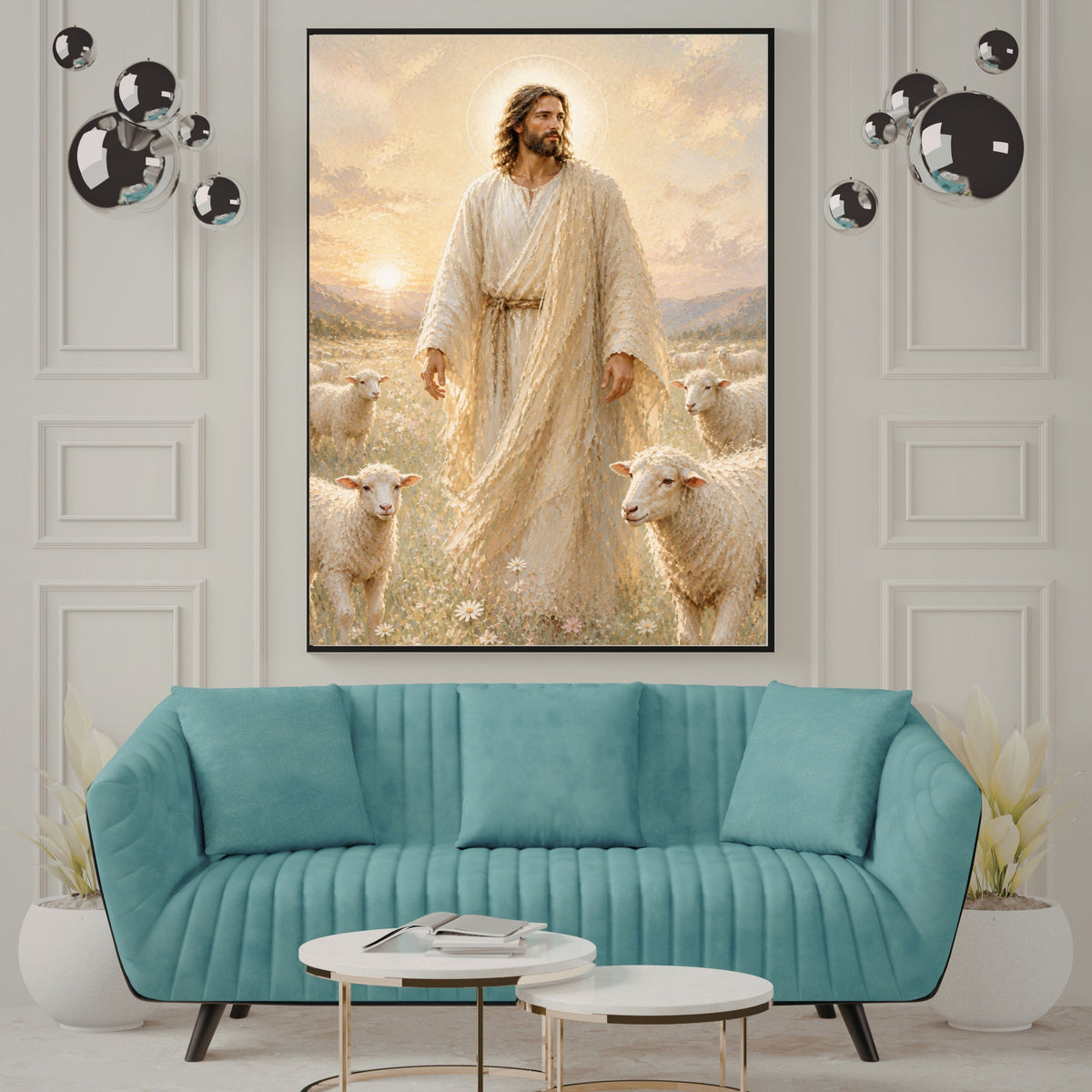 Good Shepherd Jesus Wall Art Printable | Full-Length Daisy Wildflower Meadow Four White Sheep Flock Sunrise Golden Sky Mountain Rope Belt Robe Oil Painting Style | Christian Faith Pastoral Decor Gift