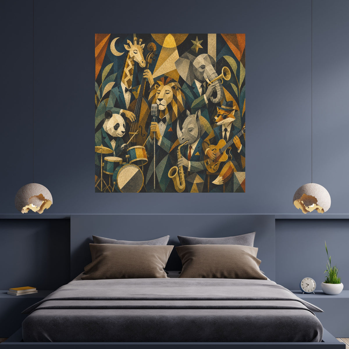 Art Deco Animal Jazz Band Wall Art Printable, Lion Giraffe Elephant Panda Rhino Fox Musicians Poster, Gold Navy Music Lover Home Decor Print, Digital Download, 300 DPI