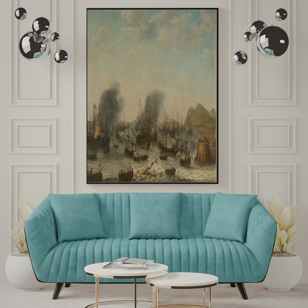 Historic Harbor Wall Art Printable, Misty Sailing Ships and Coastal Tower