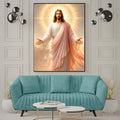 Jesus Light of the World Wall Art Printable | Smiling Direct Gaze Sunburst Cross Halo Print | Peach Mantle Gold Trim Divine Mercy Sacred Heart Decor