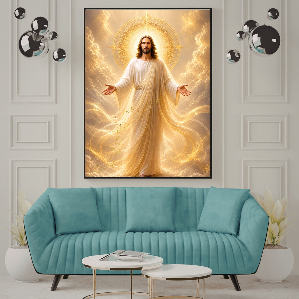Jesus King of Glory Wall Art Printable | Heavenly Throne Room Ascended Christ Filigree Crown Halo Print | Gold Veil Mantle Blessing Hands Royal Heaven Decor