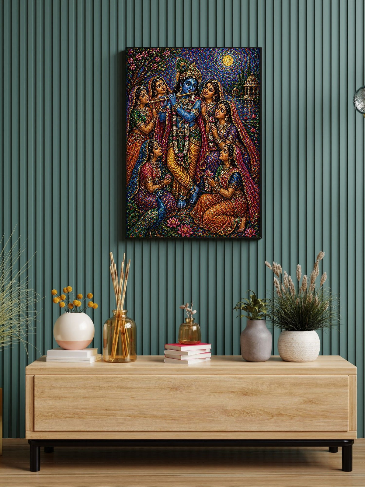Krishna Gopis Wall Art Printable | Raas Lila Bead Mosaic Bansuri Flute Five Devotees Peacock Lotus Temple Swirling Sun Vrindavan | Hindu Spiritual Decor Devotional Gift