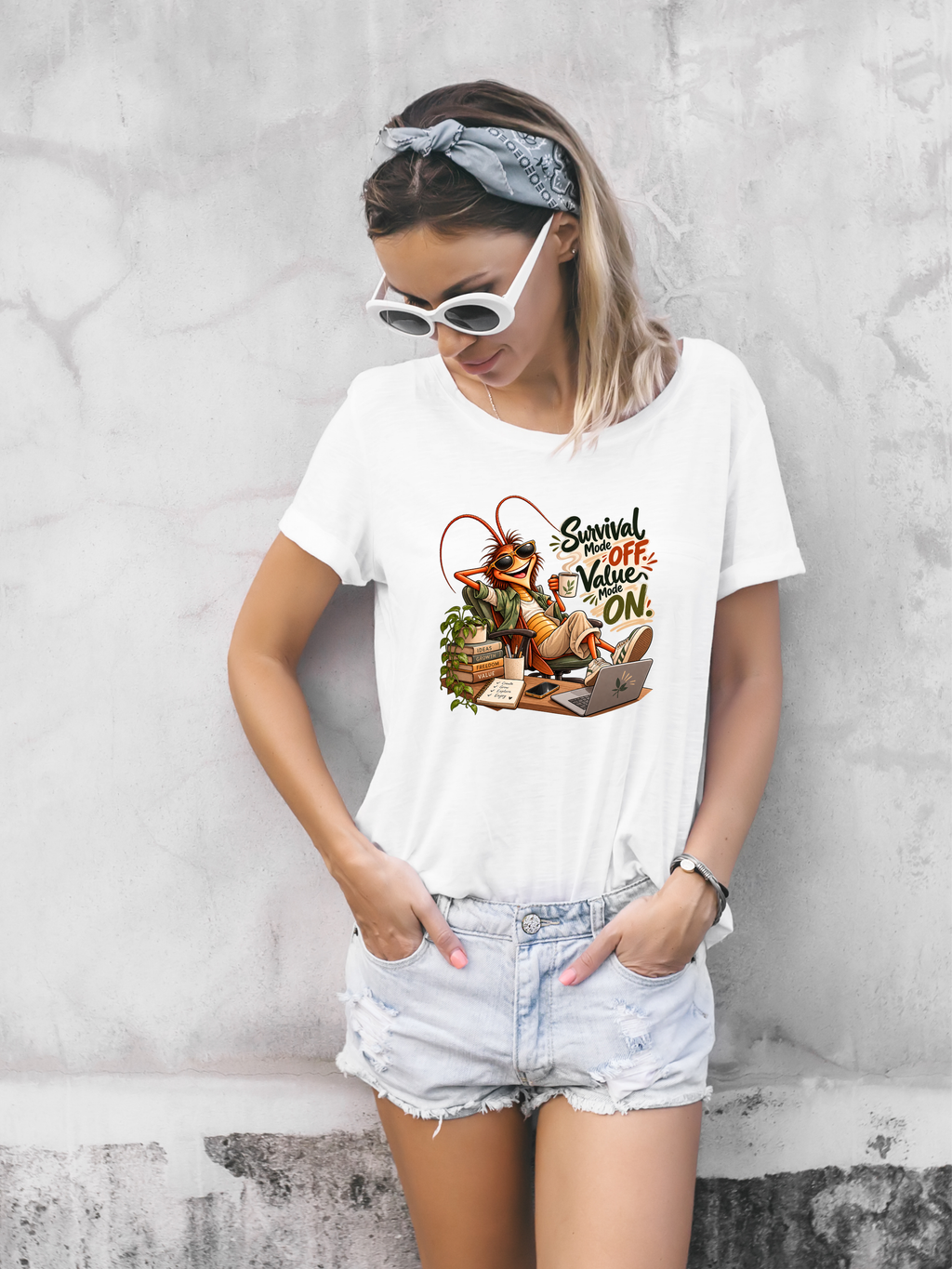 design mock ups. Design can be used on t-shirt, mug, wall paper, sticker, and more. A woman wearing a white graphic t-shirt with a cartoon cockroach illustration and the text 'Sewer Life is Value ON', styled with denim shorts, white sunglasses, and a bandana, standing against a textured gray concrete wall.
