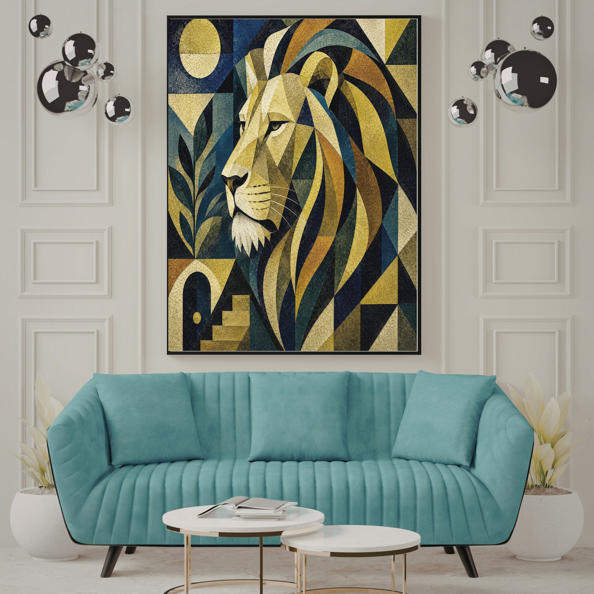 Art Deco Geometric Lion Wall Art Printable, Gold Navy Mosaic Lion Portrait Poster, Luxury Safari Living Room Print, Instant Digital Download, 300 DPI