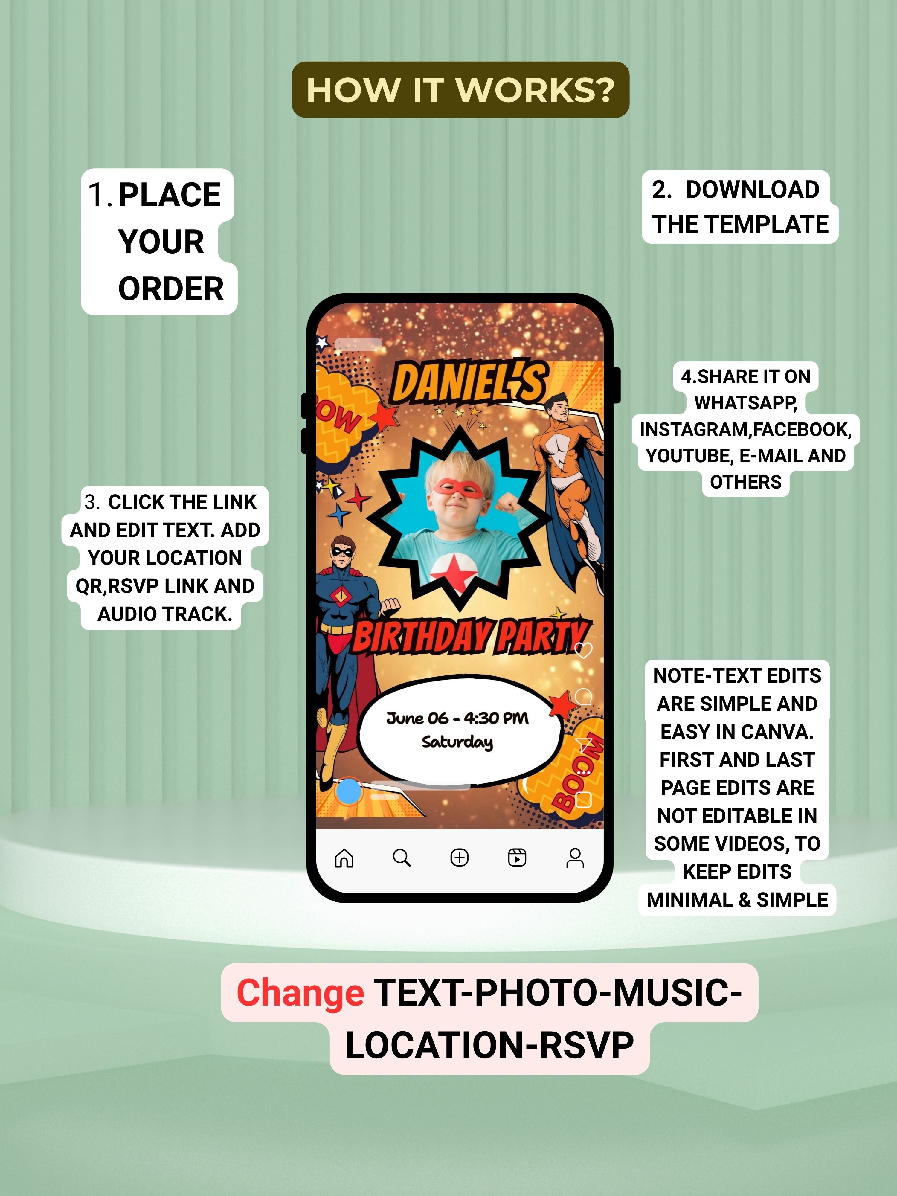SUPERHERO Birthday Invitation Video | Editable Canva pro Template | Kids Party Invite | Digital Download|ki42