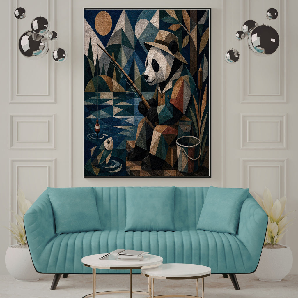 Art Deco Panda Fisherman Wall Art Bundle, Commercial Use Whimsical Nocturnal Panda Fishing by Moonlight, Quirky Animal POD Print, Digital Download, 300 DPI