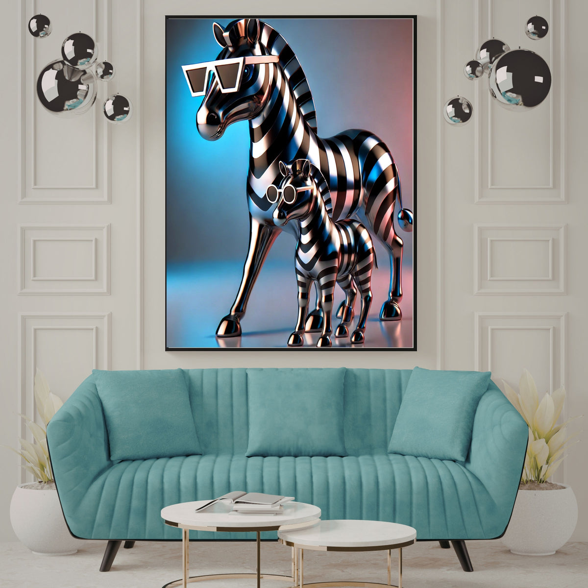 Chrome Metallic Zebra Mother and Foal Wall Art Bundle, Commercial Use Futuristic 3D Zebra Sculpture Sunglasses Neon Studio Glow Modern Luxury Safari Poster, Animal POD Print, Digital Download, 300 DPI