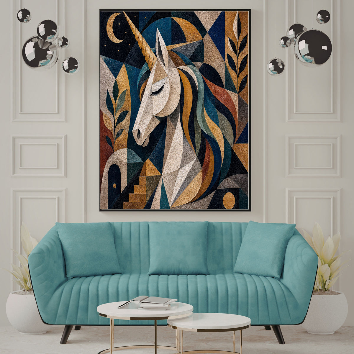 Art Deco Geometric Unicorn Wall Art Printable, Midnight Navy Gold Kids Poster, Mosaic Unicorn Nursery Print, Instant Digital Download, 300 DPI