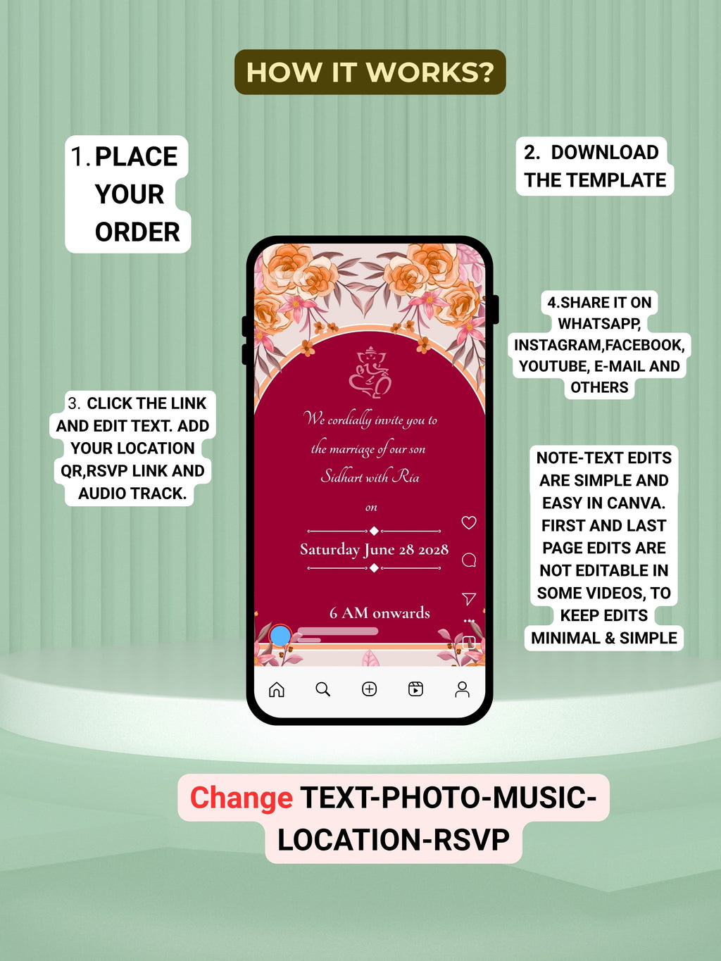 WI0005C-Commercial Use HINDU WEDDING Invitation Video Template | Editable Indian Wedding Invite | Canva pro Digital Wedding Invitation | Luxury Save the Date | Wedding Video