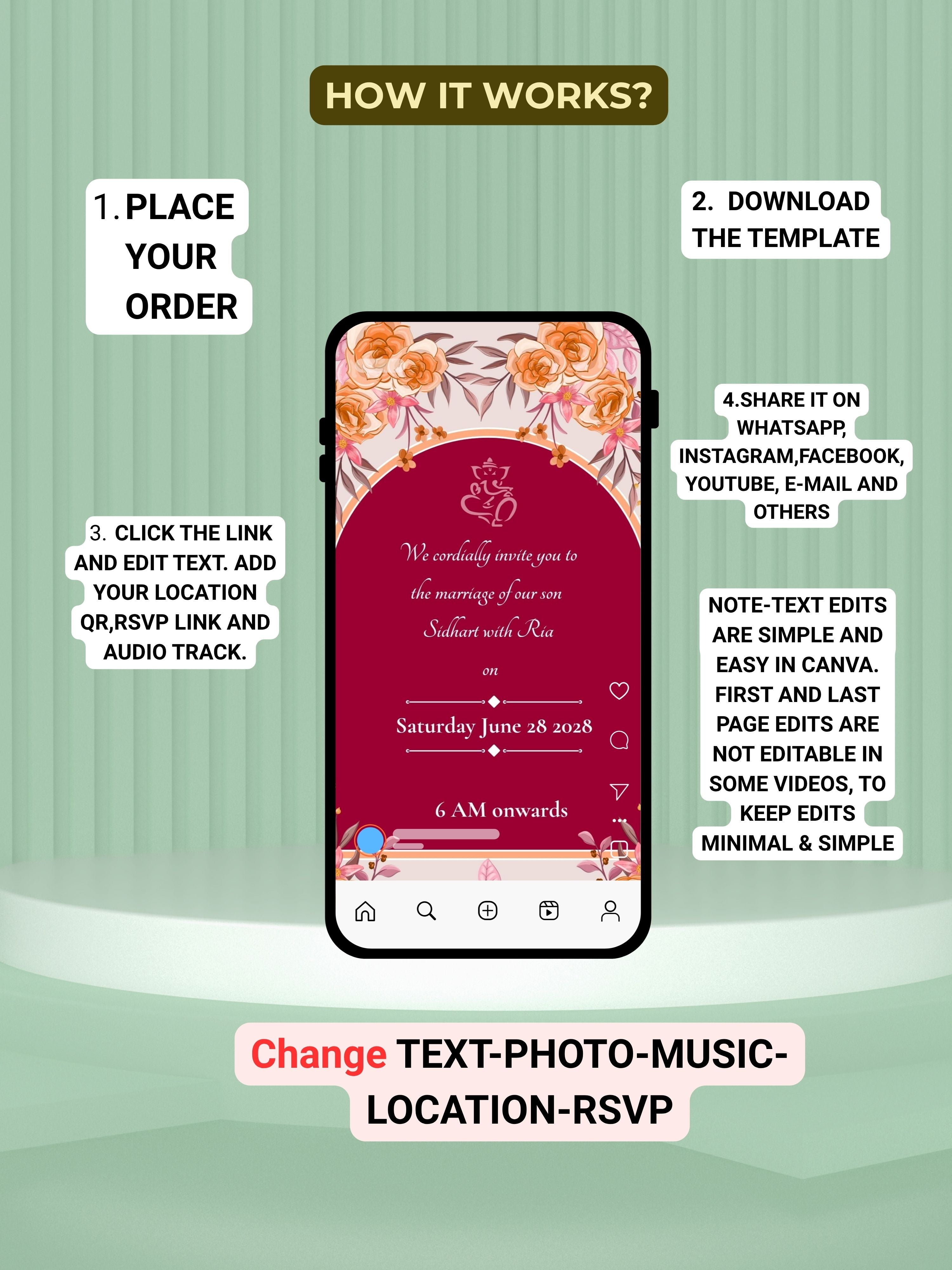 WI0005C-Commercial Use HINDU WEDDING Invitation Video Template | Editable Indian Wedding Invite | Canva pro Digital Wedding Invitation | Luxury Save the Date | Wedding Video
