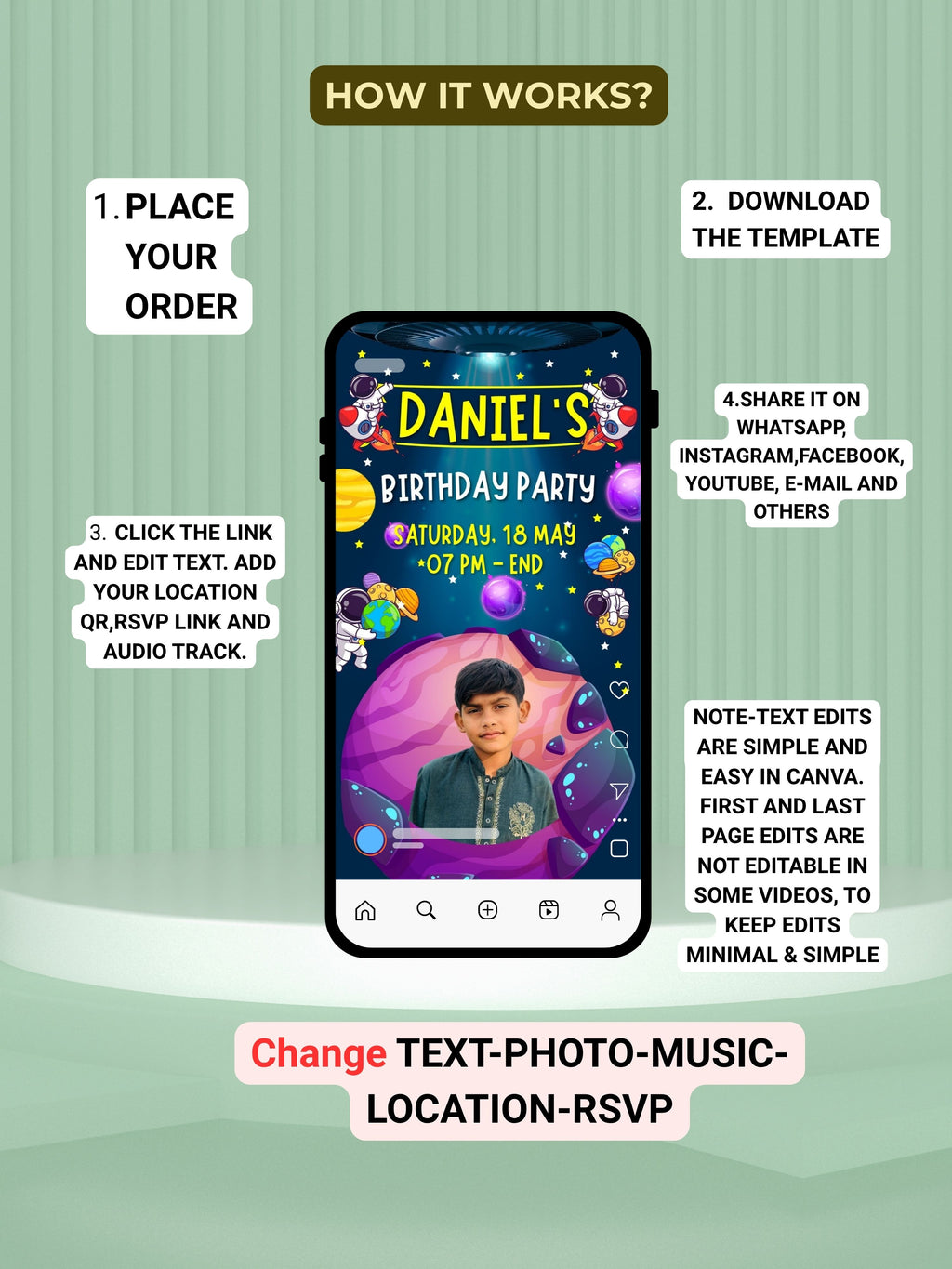 Astronaut Space Birthday Invitation Video Canva | Floating Astronaut Planets Galaxy Cosmic Universe | Child Photo RSVP Location QR | Instant Download