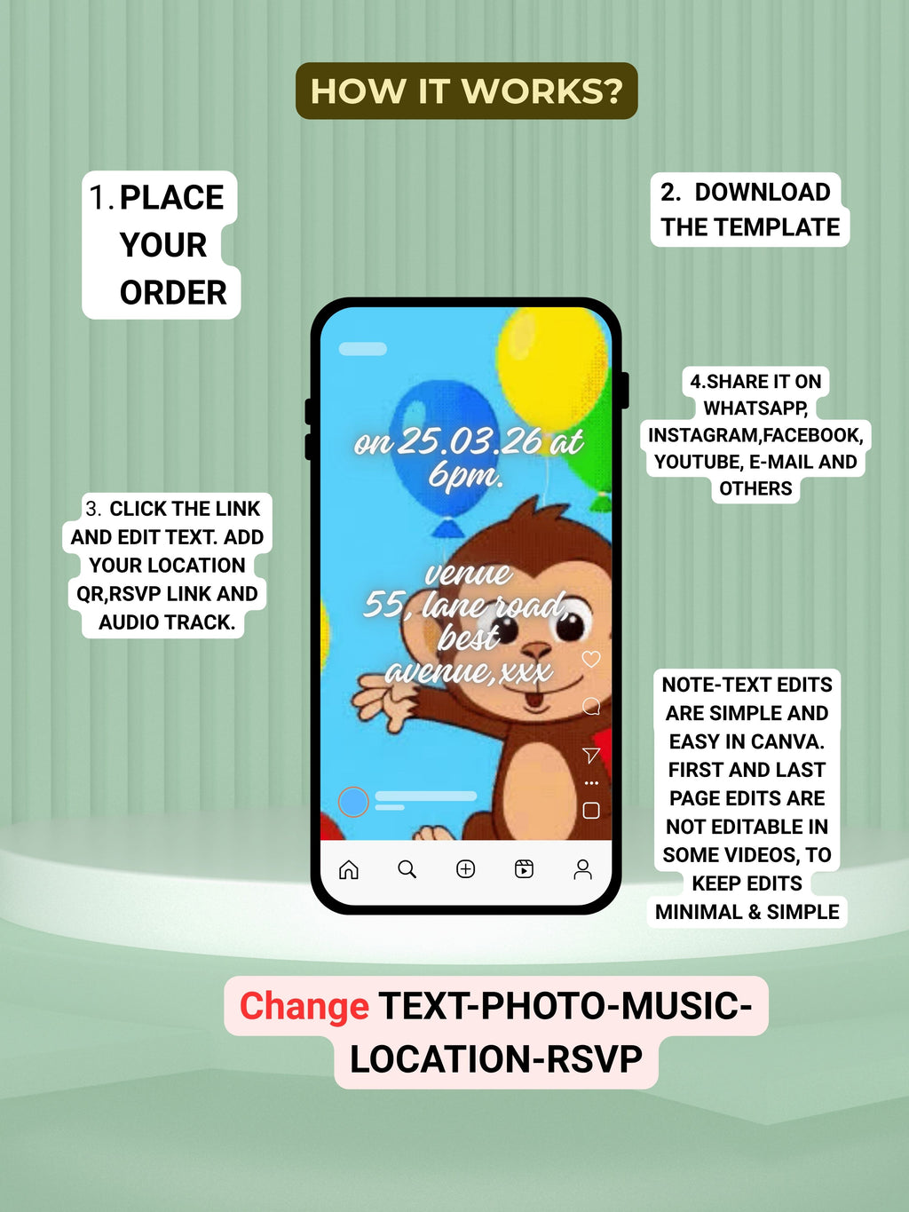 ANIMAL THEME Birthday Invitation Video | Editable Canva pro Template | Kids Party Invite | ki3