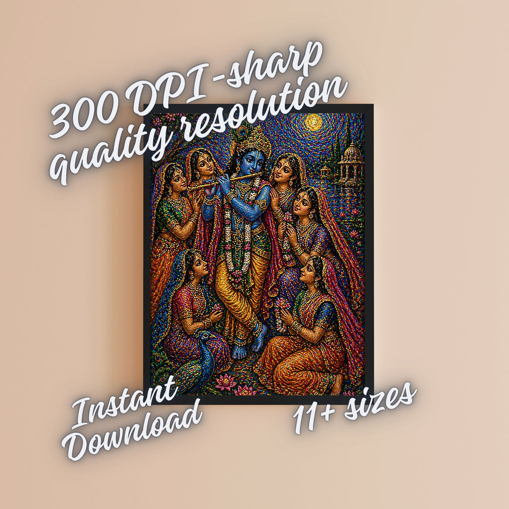 Krishna Gopis Wall Art Printable | Raas Lila Bead Mosaic Bansuri Flute Five Devotees Peacock Lotus Temple Swirling Sun Vrindavan | Hindu Spiritual Decor Devotional Gift