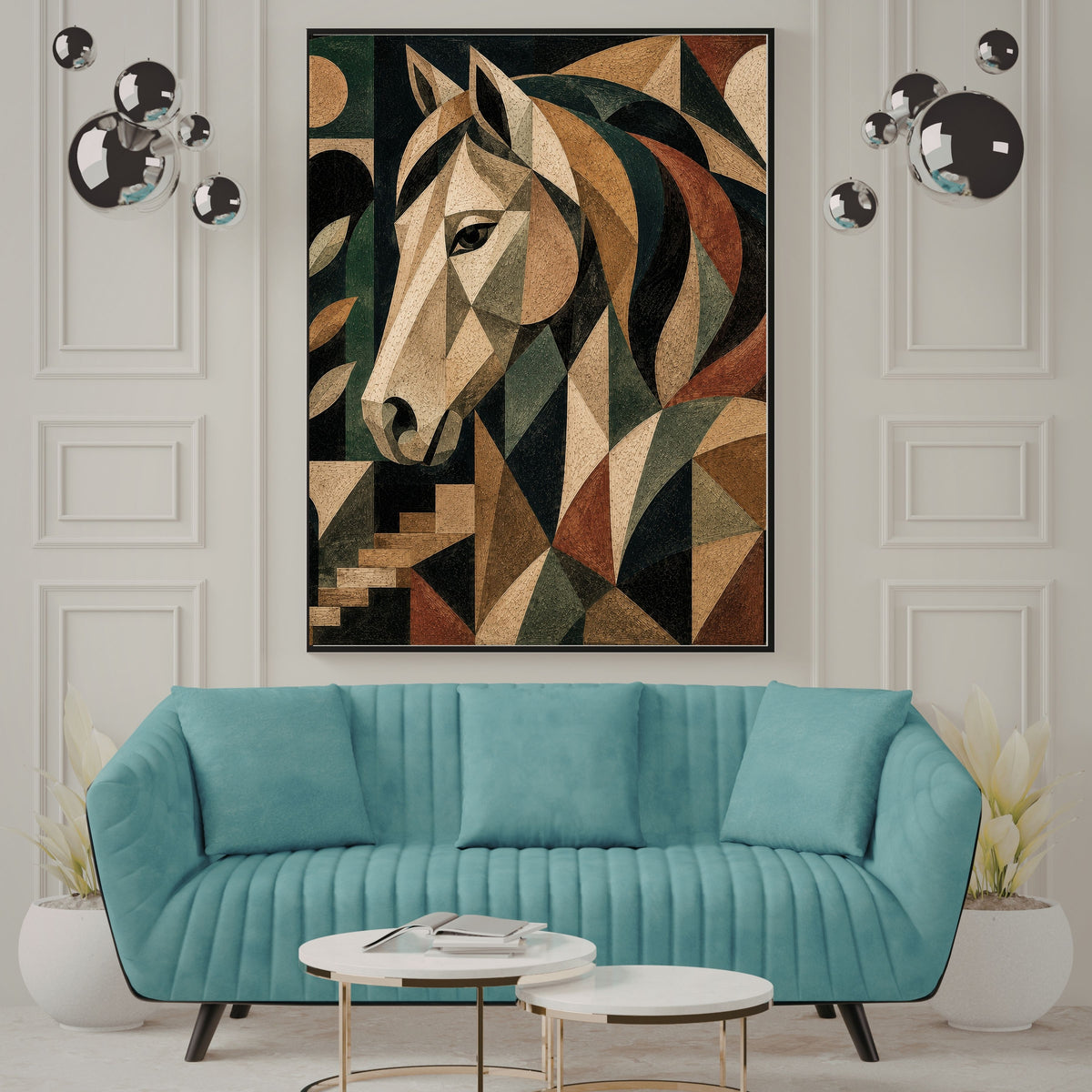 Art Deco Geometric Horse Wall Art Bundle, Commercial Use Ivory Green Mosaic Equestrian Portrait, Luxury Horse Lover POD Print, Digital Download, 300 DPI