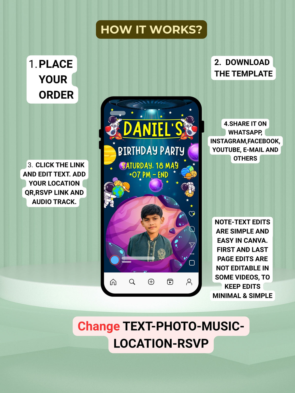 Astronaut Space Birthday Video Invitation Canva Commercial | Orbital Astronaut Planets Galaxy Cosmic Client | Child Photo RSVP Location QR | Commercial Licence