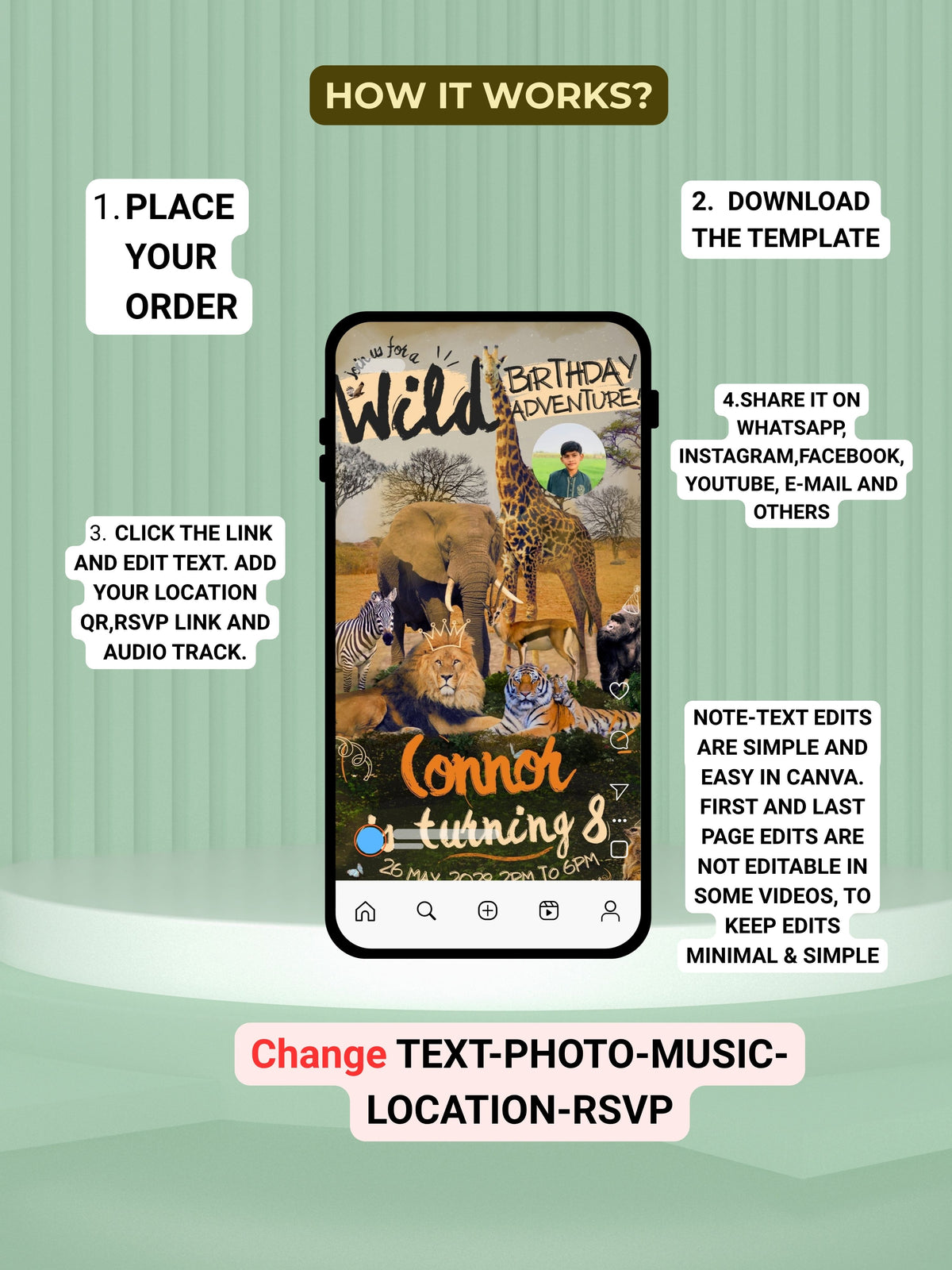 Wild Safari Birthday Invitation Video Canva | Lion Elephant Giraffe Zebra Tiger Jungle Adventure | Child Photo RSVP Location QR | Instant Download