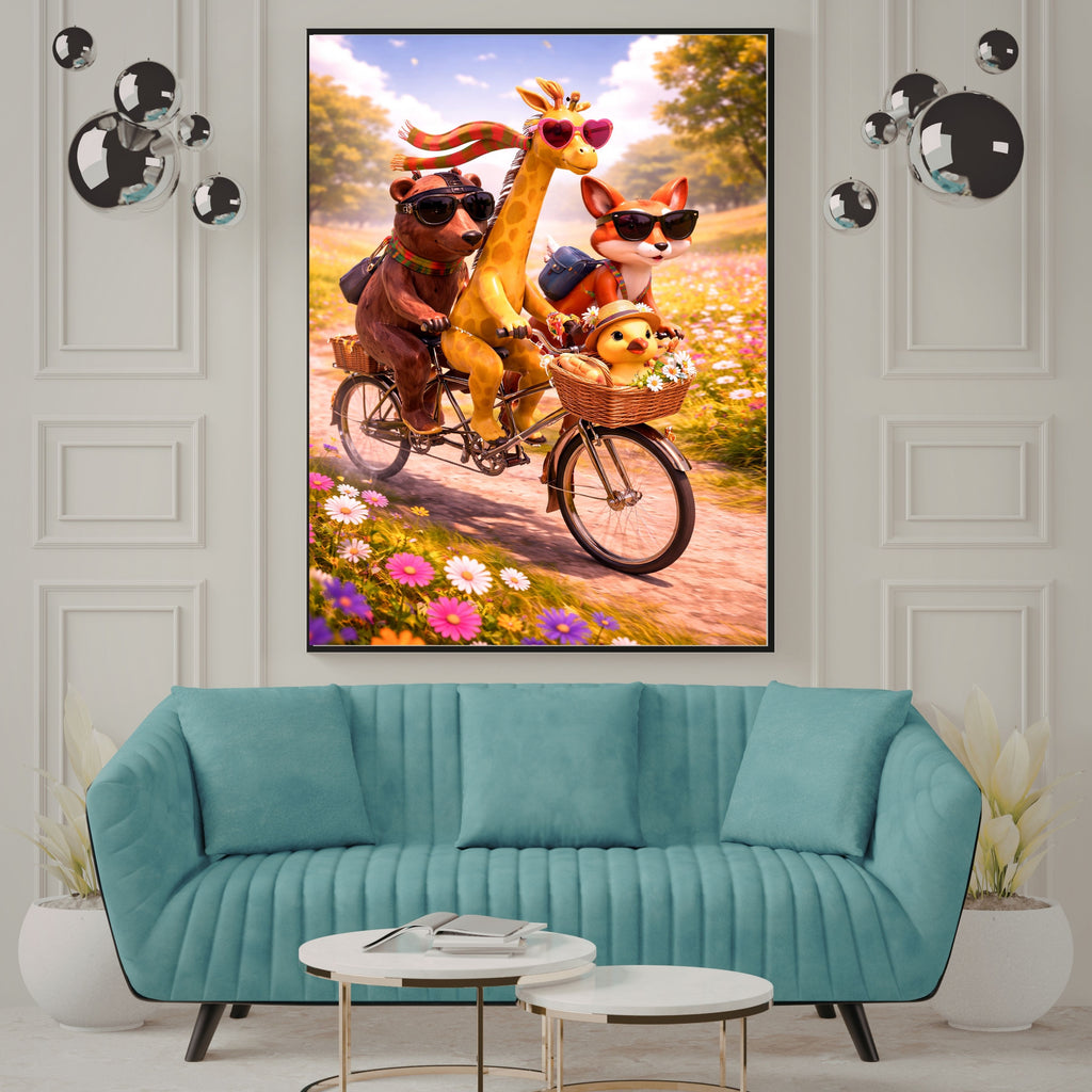 Cute Animals Bicycle Adventure Wall Art Printable, Bear Giraffe Fox Duck Bike Ride Sunglasses Wildflower Meadow Kids Nursery Poster, Fun Animal Cycling Home Decor Print, Digital Download, 300 DPI