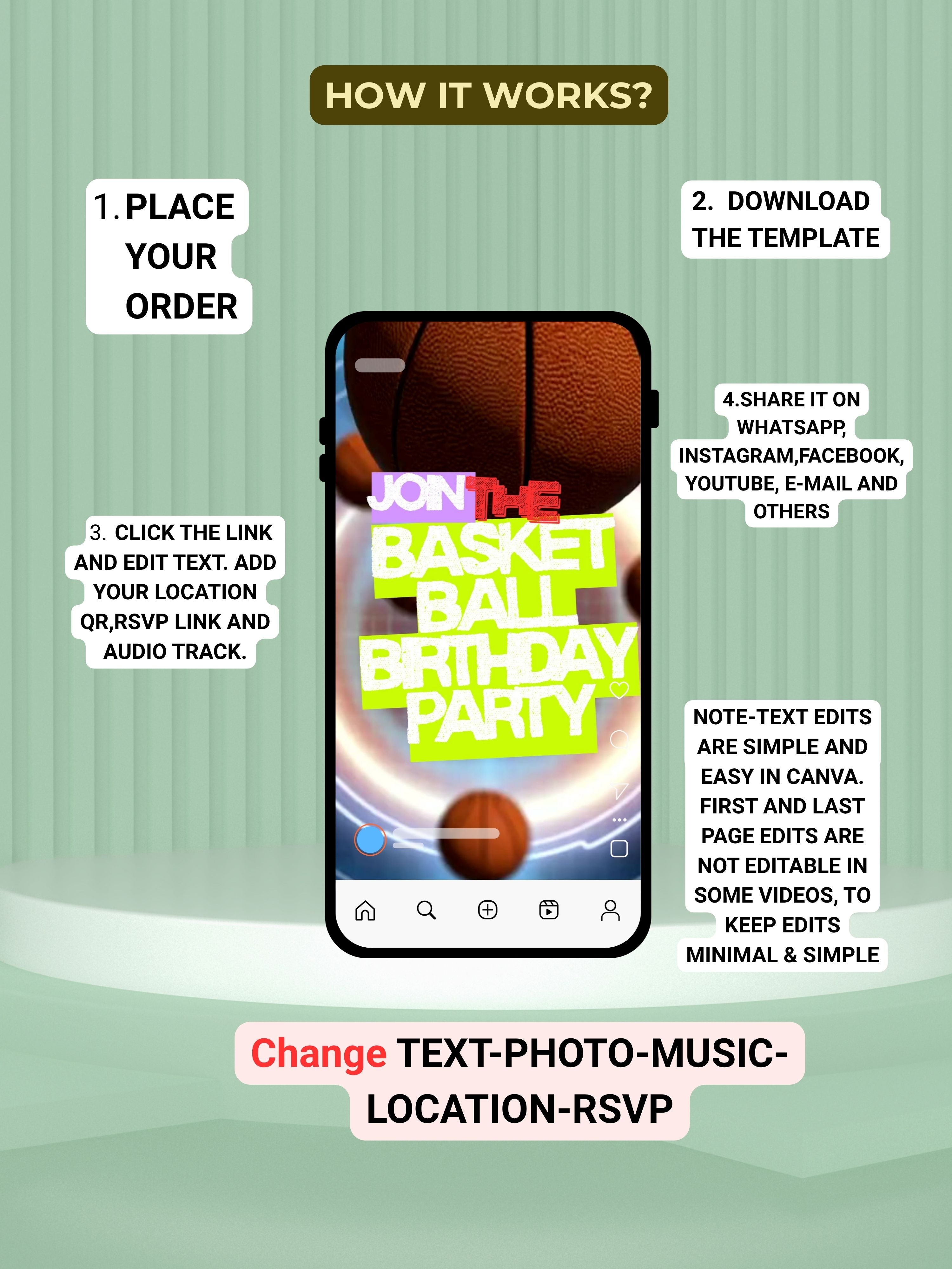 commercial use BASKETBALL kids Birthday Video Invitation | Canva pro Template | Kids Sports Party Invite | ki50c