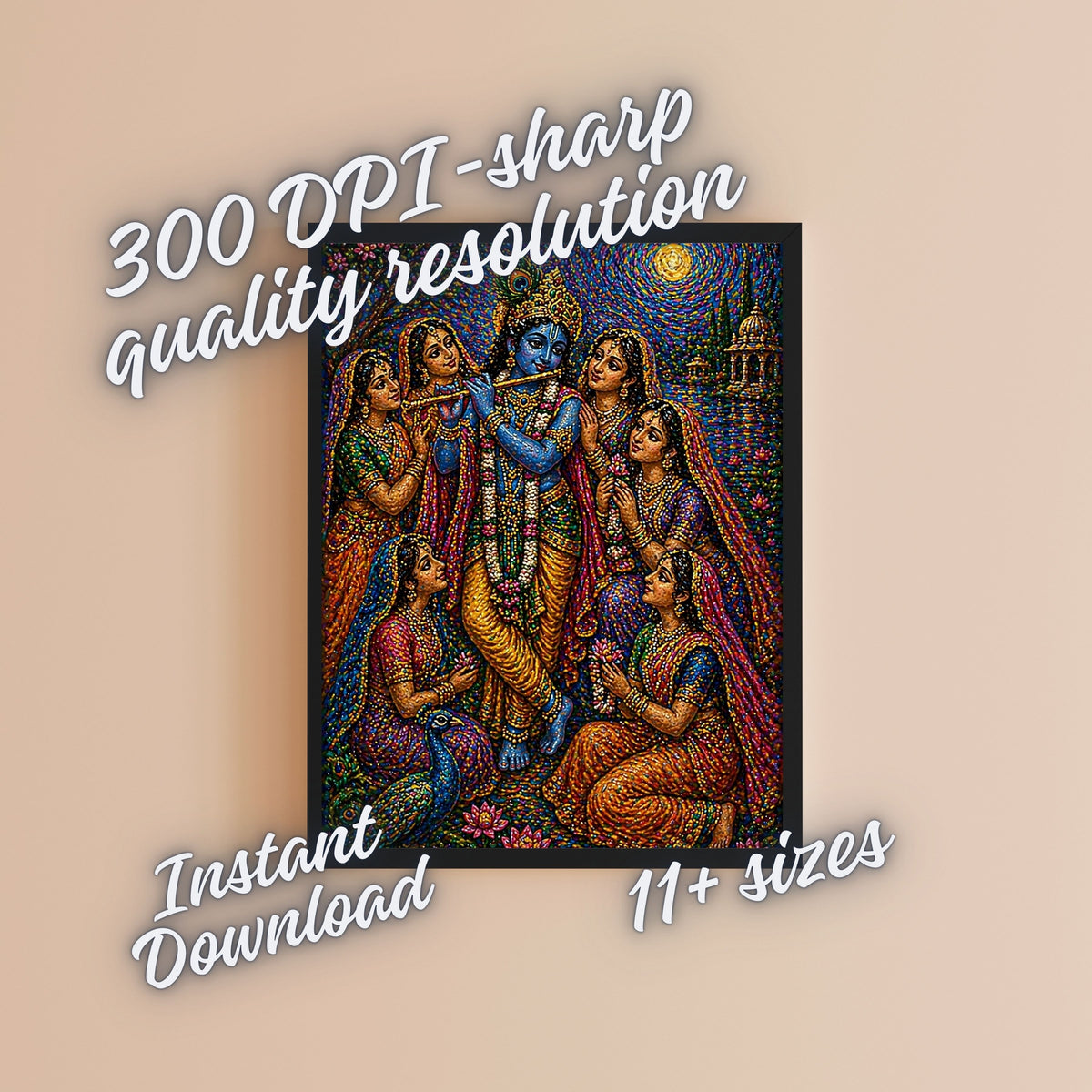 Krishna Gopis Wall Art Commercial Use Bundle | Raas Lila Bead Mosaic Bansuri Flute Five Devotees Peacock Lotus Vrindavan | Hindu Bhakti Yoga Janmashtami POD Etsy Resell License