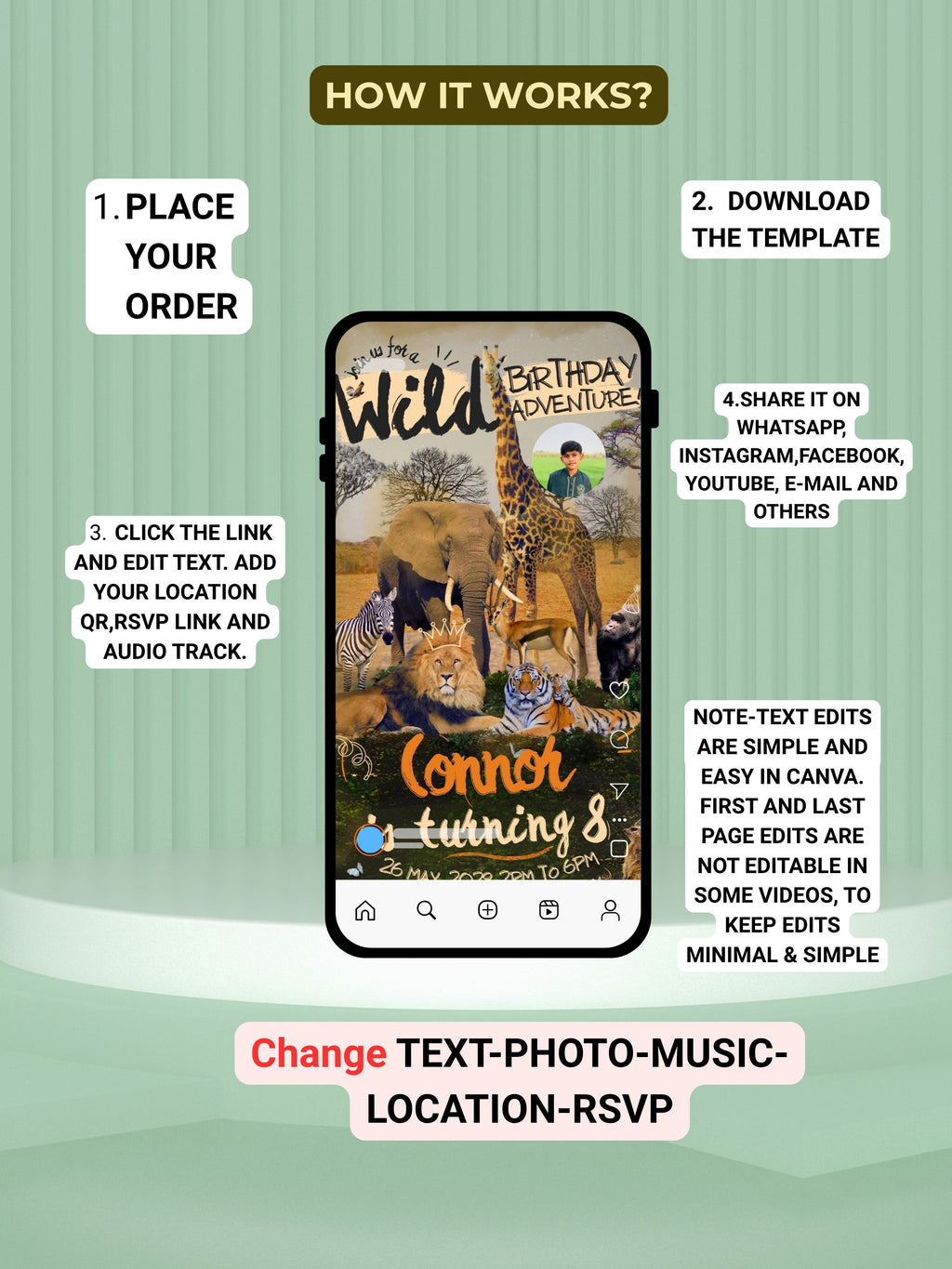 commercial use ANIMAL THEME Birthday Invitation Video | Editable Canva pro Template | Kids Party Invite | ki30c