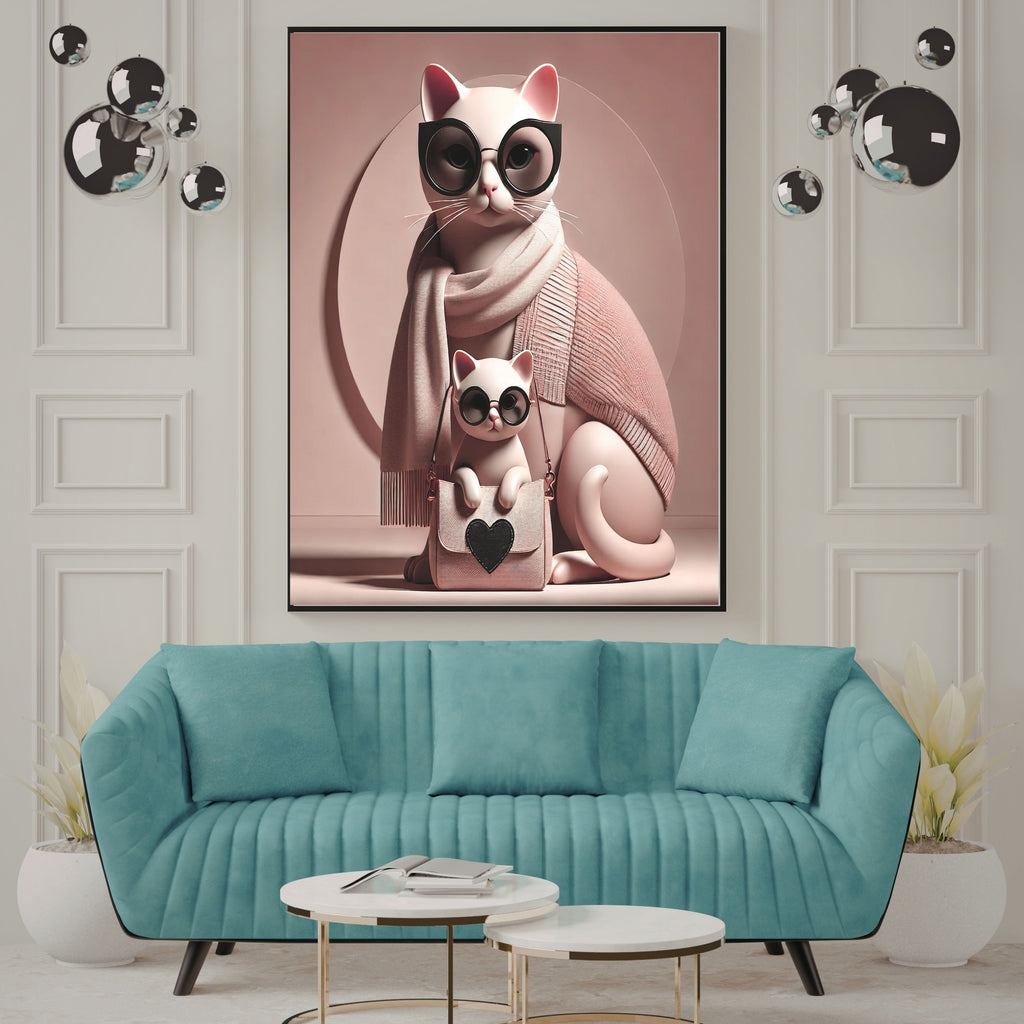 Fashionable Cat Mother and Kitten Wall Art Bundle, Commercial Use Cute Cat Sunglasses Pink Scarf Heart Bag Nursery Poster, Blush Pink Cat Lover POD Print, Digital Download, 300 DPI