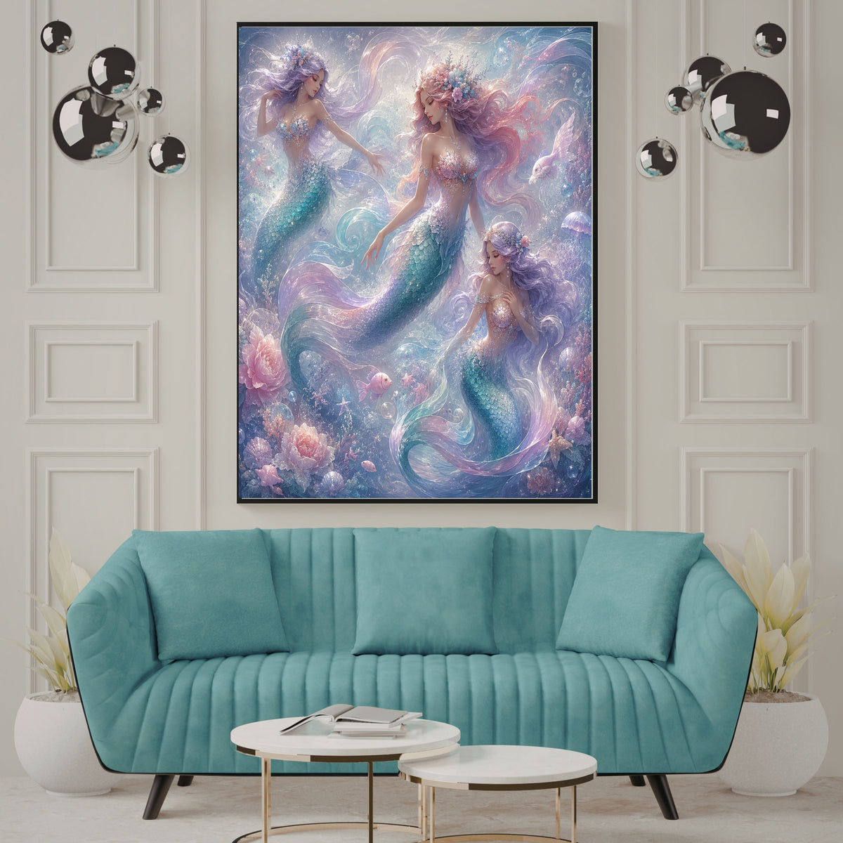Dreamy Pastel Mermaid Wall Art Printable, Ethereal Mermaid Trio Girls Nursery Poster, Ocean Fantasy Bedroom Print, Instant Digital Download, 300 DPI
