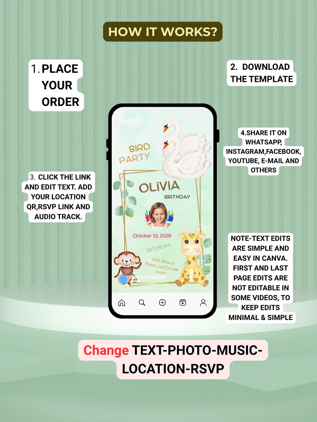 Commercial use Editable BIRDS Birthday Video Invitation | Canva Template | Cute Kids Party Invite | Instant Download|ki17c