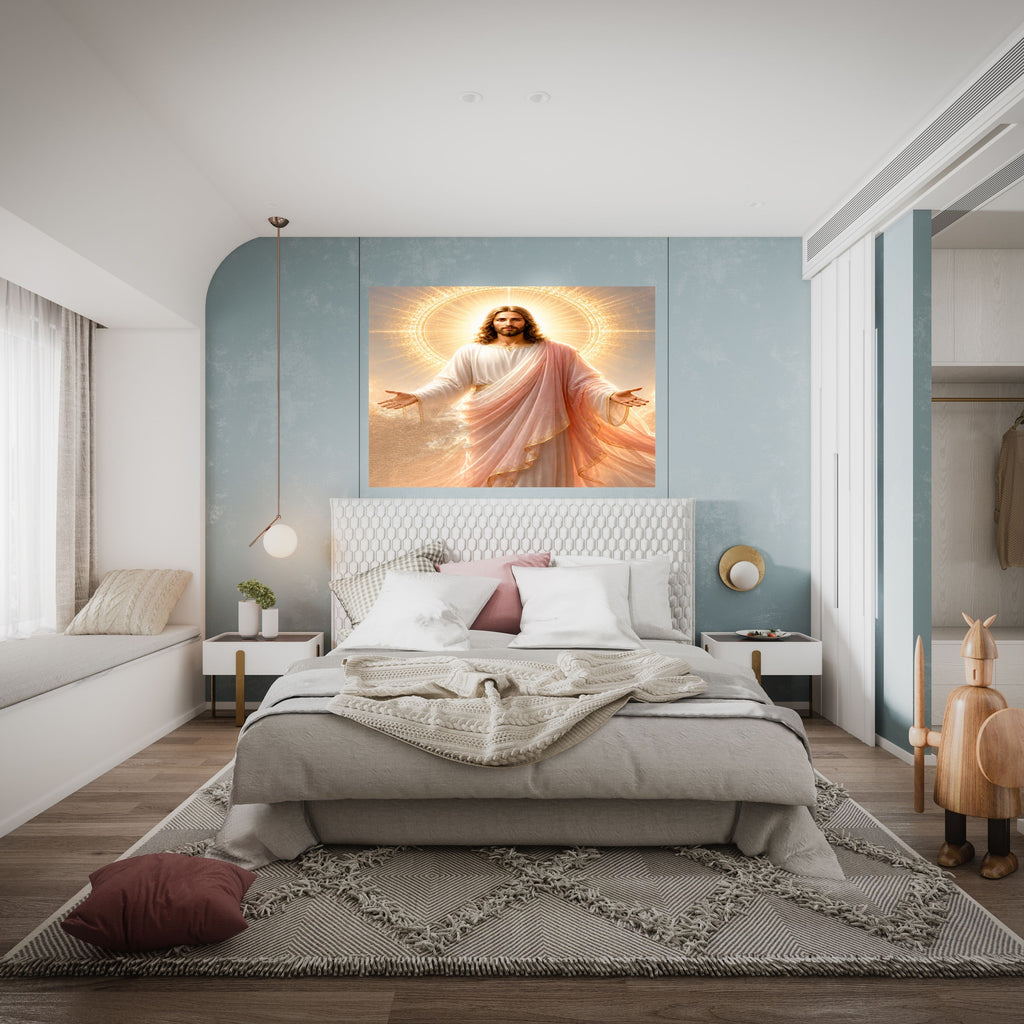 Jesus Light of the World Wall Art Printable | Smiling Direct Gaze Sunburst Cross Halo Print | Peach Mantle Gold Trim Divine Mercy Sacred Heart Decor