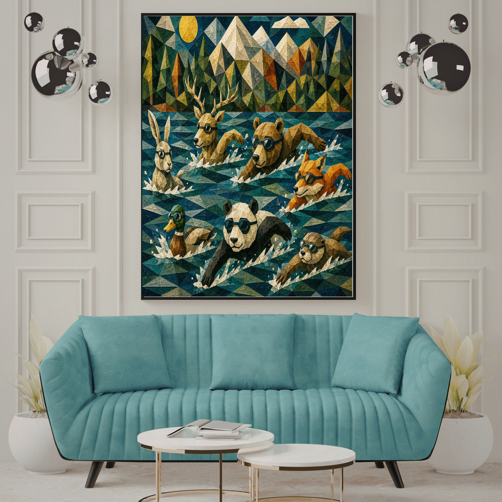 Woodland Animal Swimming Race Wall Art Bundle, Commercial Use Geometric Low-Poly Panda Bear Stag Fox Rabbit Duck Otter Goggle Swim Nursery Poster, Athletic Adventure POD Print, Digital Download, 300 DPI