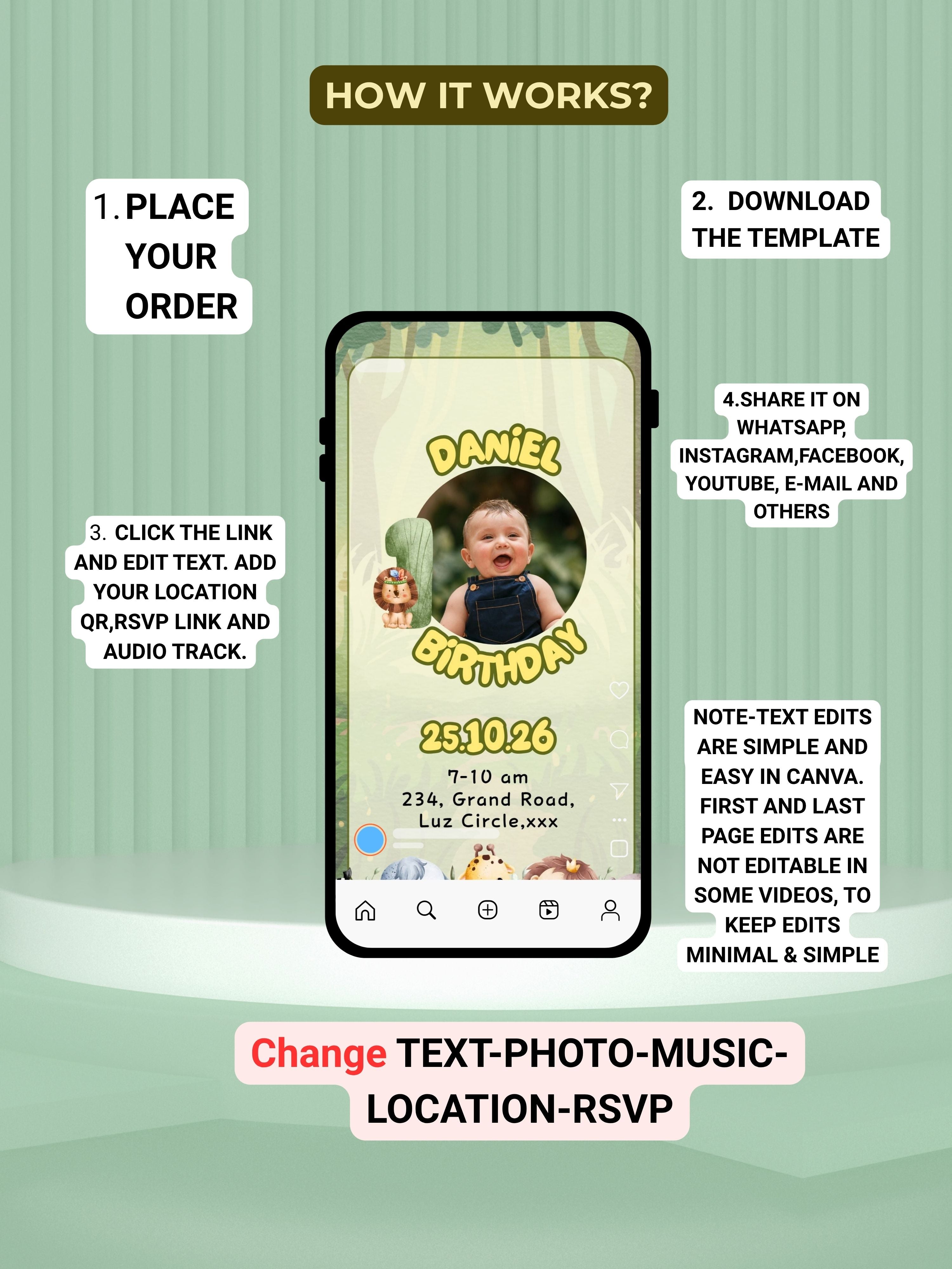 commercial use ANIMAL THEME Birthday Invitation Video | Editable Canva pro Template | Kids Party Invite | ki10c