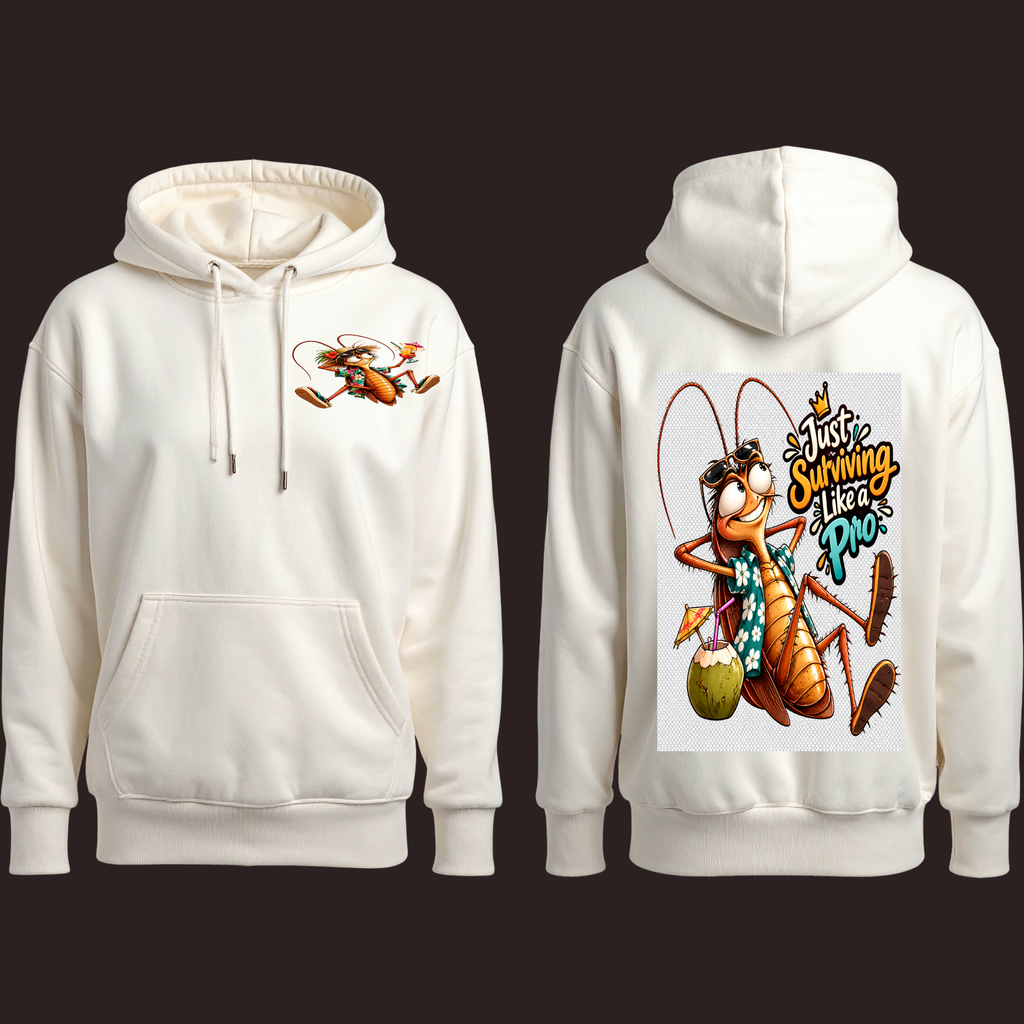 design mock ups. Design can be used on t-shirt, mug, wall paper, sticker, and more. An off-white hooded sweatshirt shown from both front and back against a dark brown background. The front features a small cartoon cockroach graphic on the left chest, and the back features a large graphic of a cockroach wearing sunglasses with the text 'Just Shining As Pro'.