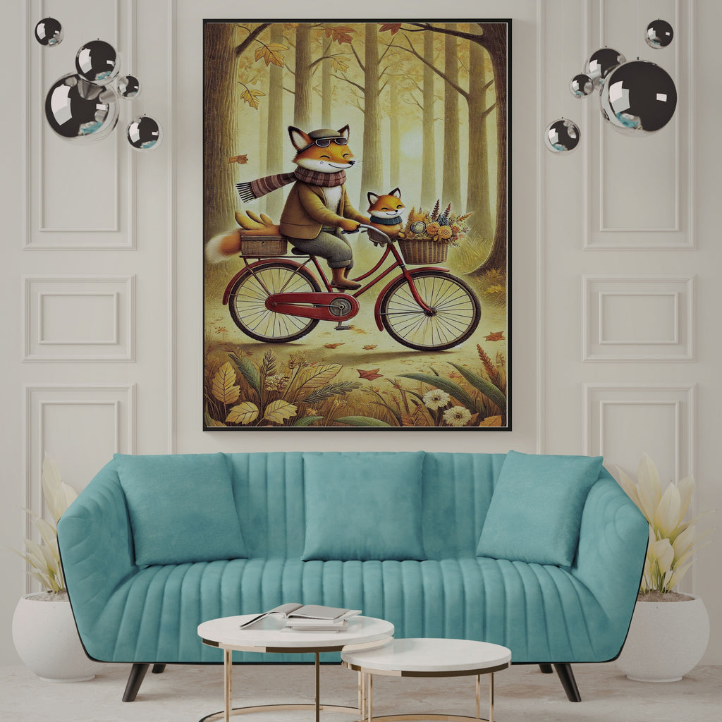 Fox Father and Kit Autumn Forest Bicycle Ride Wall Art Bundle, Commercial Use Dapper Fox Flat Cap Scarf Vintage Red Bike Golden Woodland Nursery Poster, Cosy Storybook Animal Cycling POD Print, Digital Download, 300 DPI