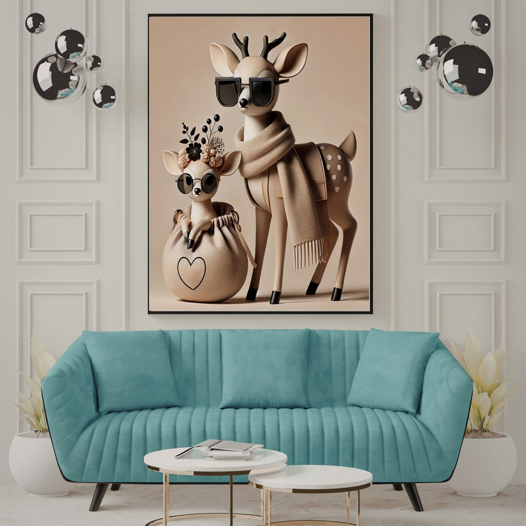 Fashionable Deer Mother and Fawn Wall Art Printable, Cute Deer with Sunglasses Floral Crown Scarf Nursery Poster, Beige Boho Baby Shower Home Decor Print, Digital Download, 300 DPI