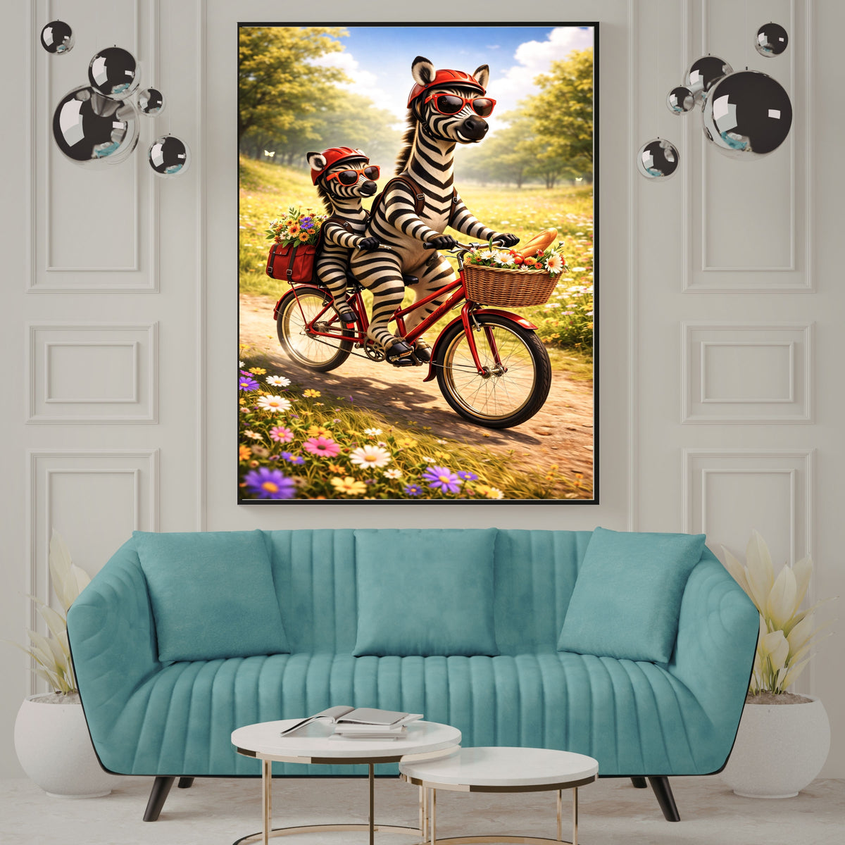Zebra Mother and Foal Bicycle Adventure Wall Art Printable, Cute Zebra Red Helmet Sunglasses Wildflower Meadow Bike Ride Kids Nursery Poster, Safari Animal Cycling Home Decor Print, Digital Download, 300 DPI