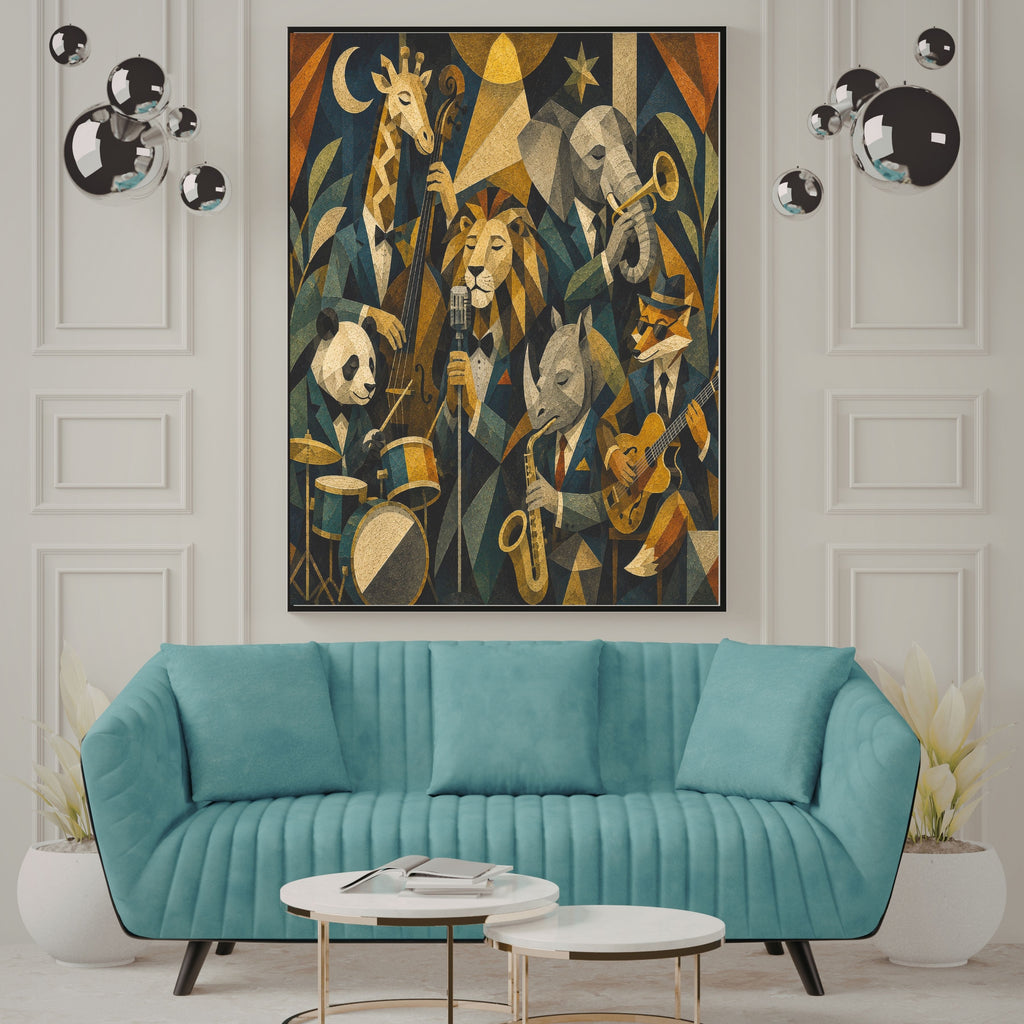 Art Deco Animal Jazz Band Wall Art Bundle, Commercial Use Lion Giraffe Elephant Panda Rhino Fox Musicians, Gold Navy Music Lover POD Print, Digital Download, 300 DPI