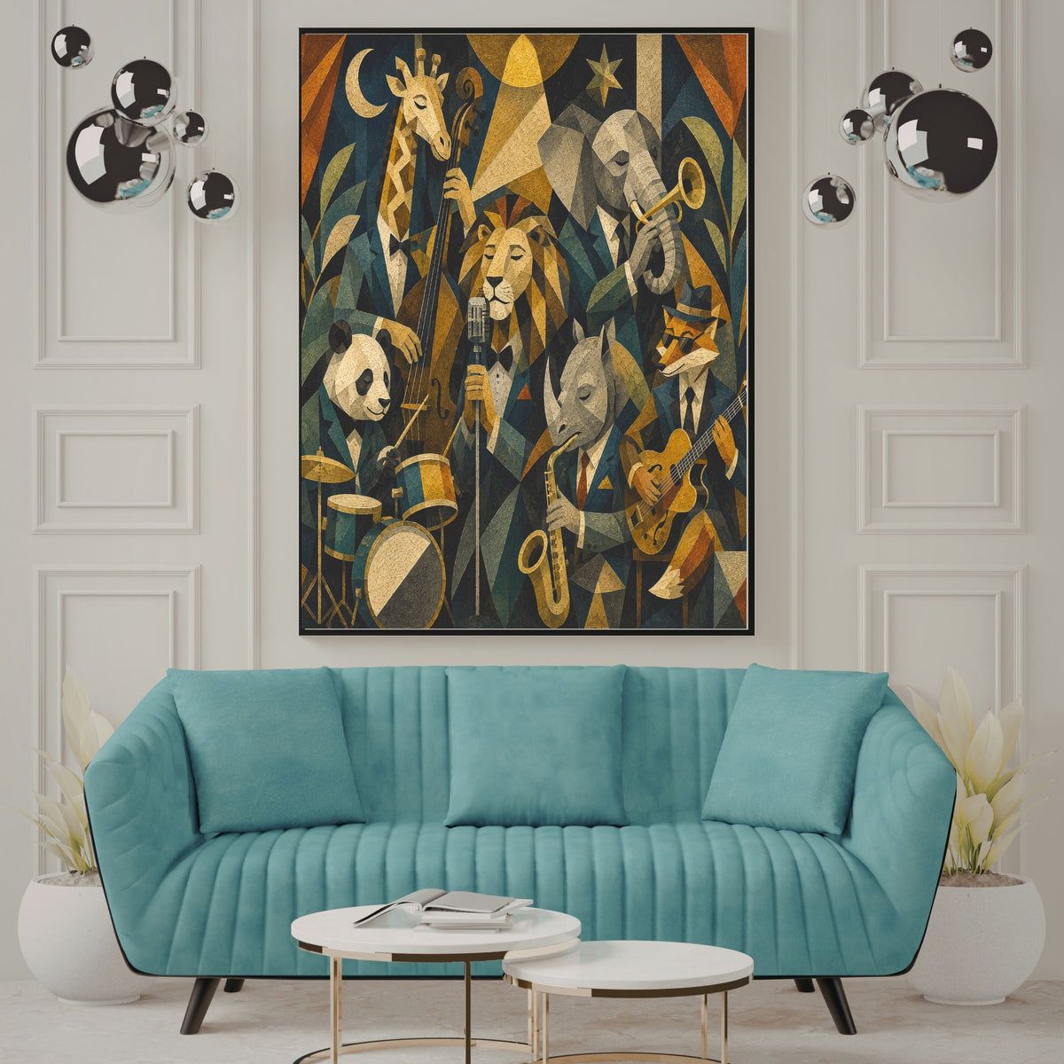 Art Deco Animal Jazz Band Wall Art Bundle, Commercial Use Lion Giraffe Elephant Panda Rhino Fox Musicians, Gold Navy Music Lover POD Print, Digital Download, 300 DPI
