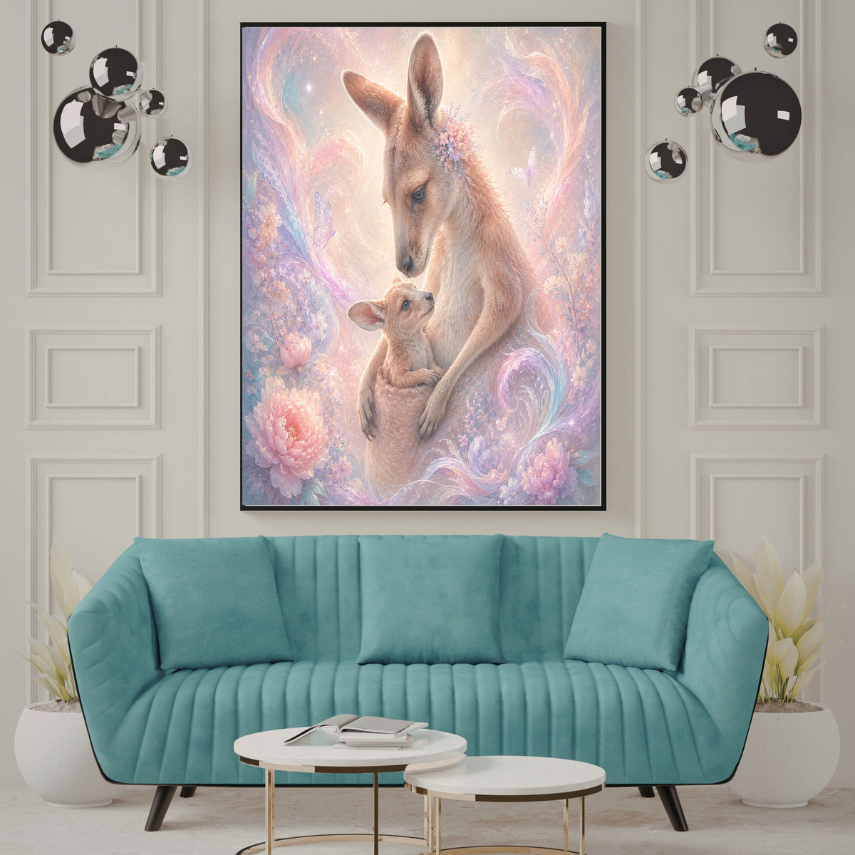 Dreamy Pastel Kangaroo Nursery Wall Art Printable, Mother and Joey Floral Love Poster, Australian Animal Kids Bedroom Print, Instant Digital Download, 300 DPI