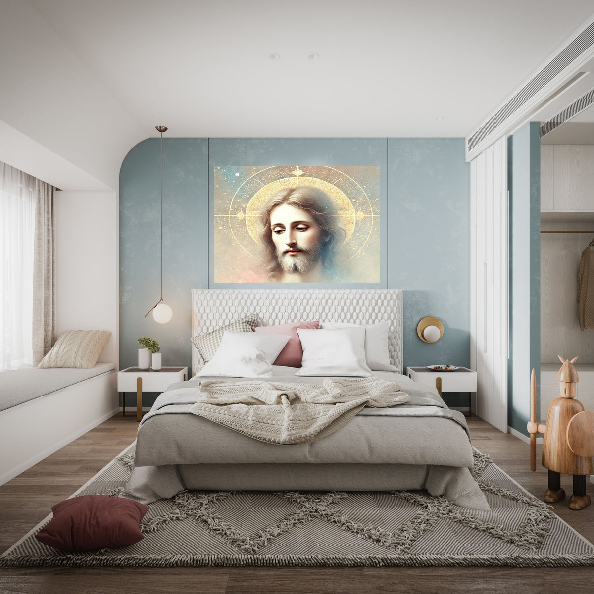 Jesus Face Portrait Wall Art Printable | Close Up Contemplative Jesus Pastel Watercolour Gold Oval Halo Four-Point Star | Christian Peaceful Face Devotional Decor Gift