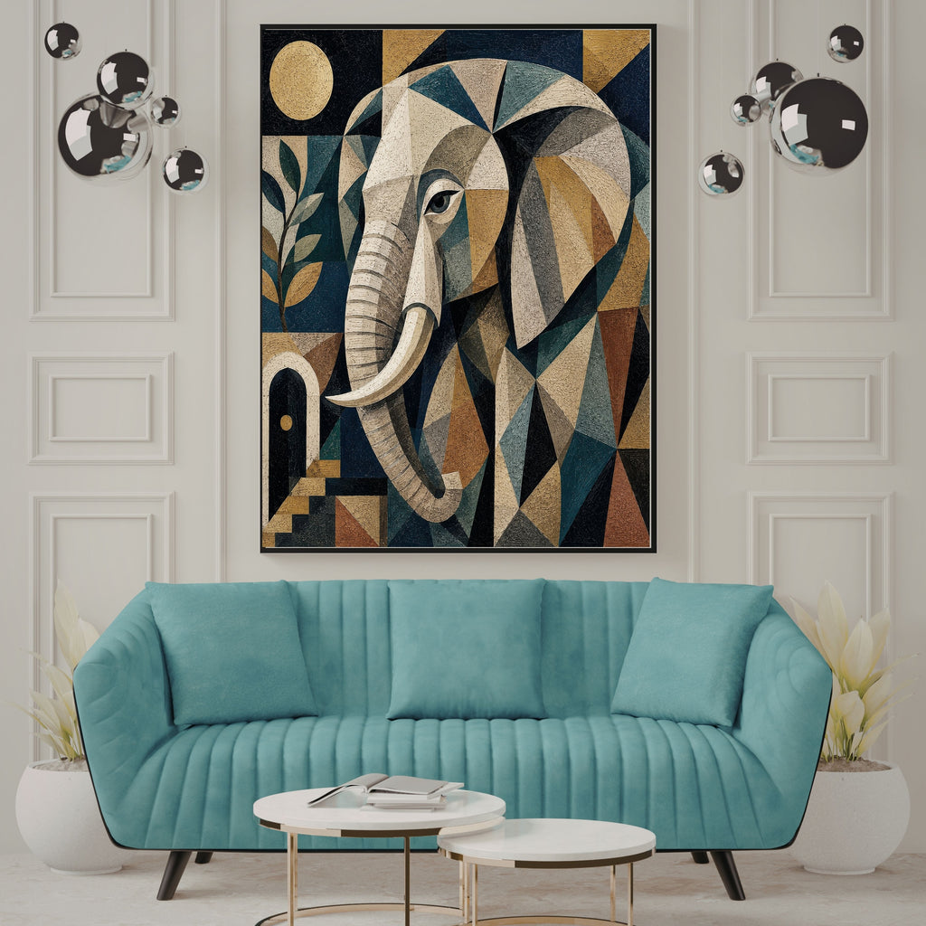 Art Deco Geometric Elephant Wall Art Printable, Ivory Teal Mosaic Elephant Portrait Poster, Luxury African Safari Home Decor Print, Digital Download, 300 DPI