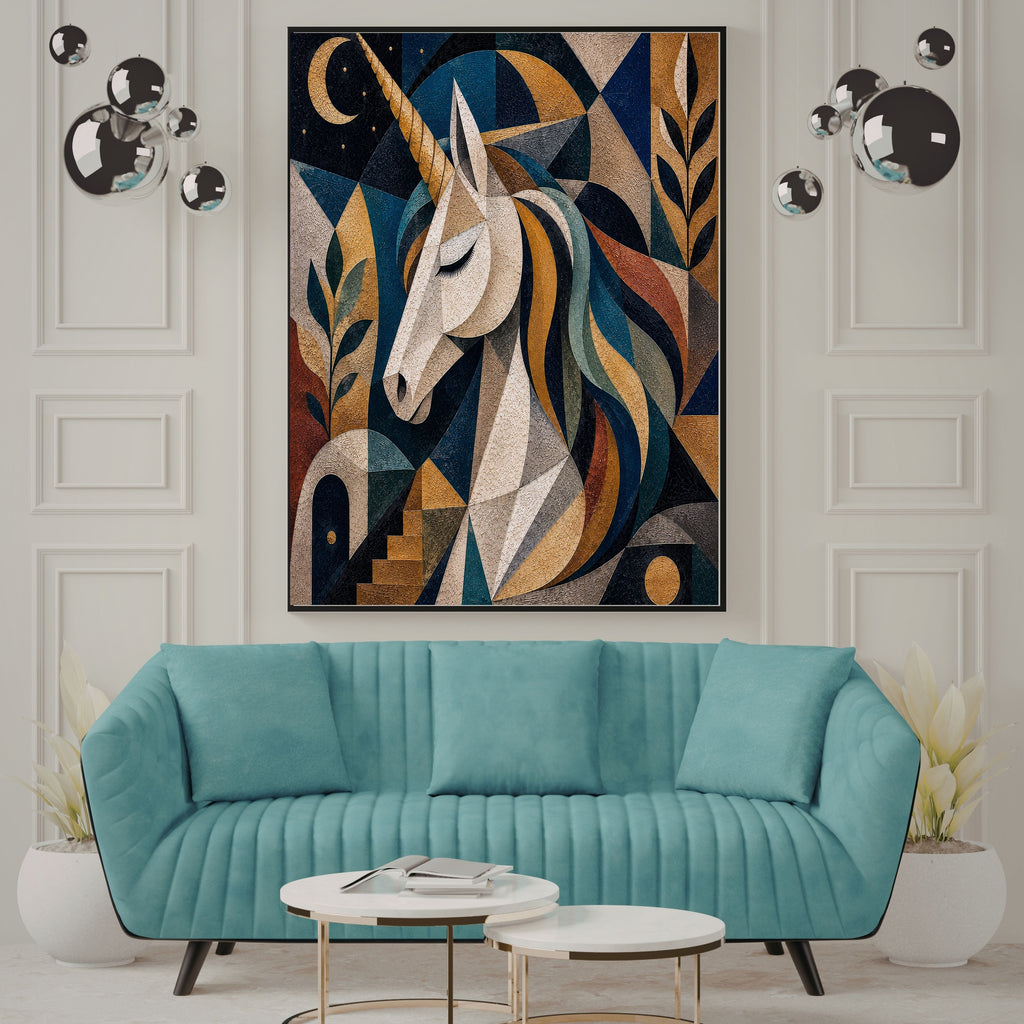 Art Deco Geometric Unicorn Wall Art Bundle, Commercial Use Kids Nursery Poster, Midnight Navy Gold Mosaic Print, POD Ready, Digital Download, 300 DPI