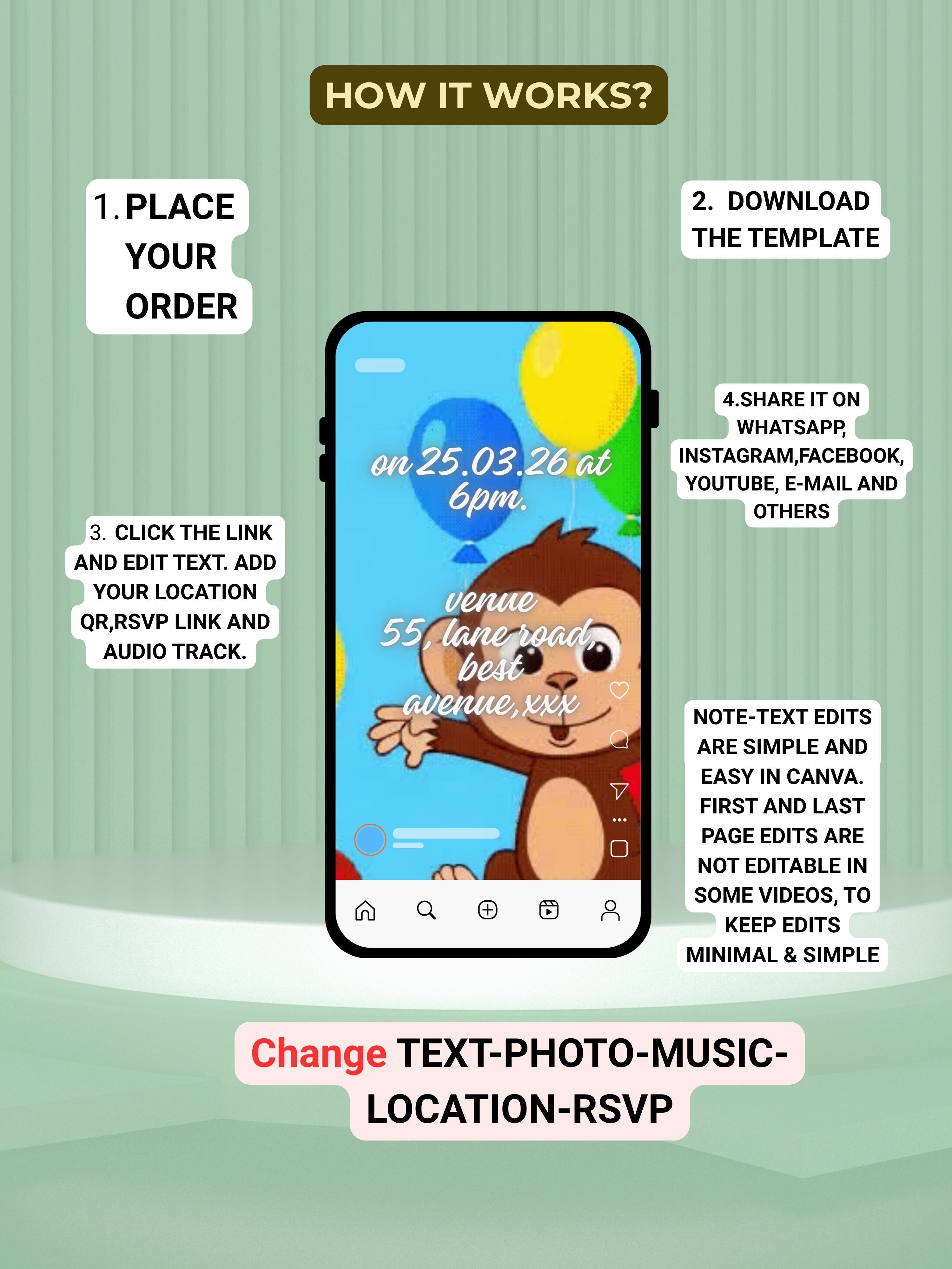 commercial use ANIMAL THEME Birthday Invitation Video | Editable Canva pro Template | Kids Party Invite | ki3c