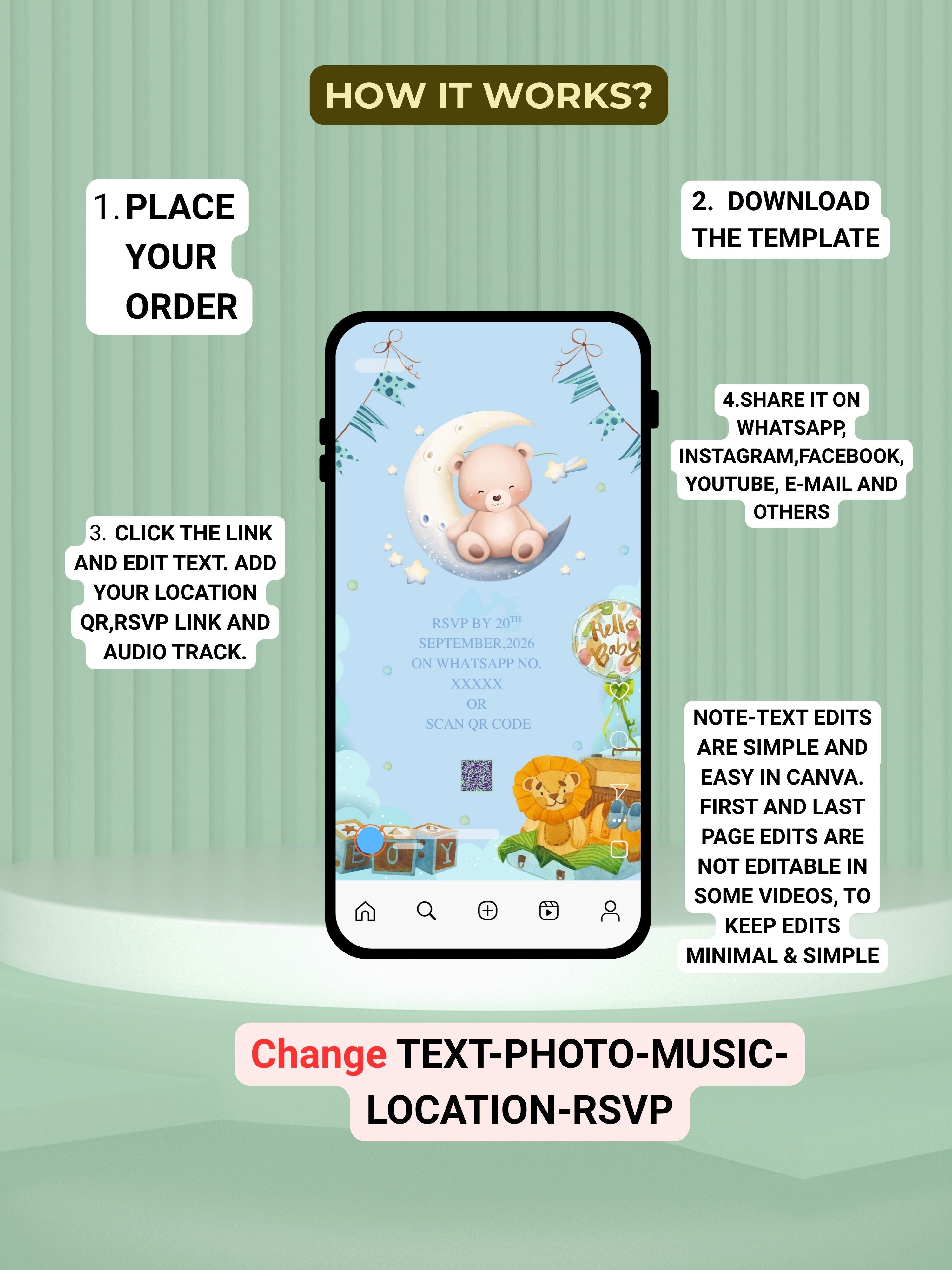 BABY SHOWER Editable Video Invitation | Canva Pro Template | Baby Shower Invite  | Instant Download|ki29