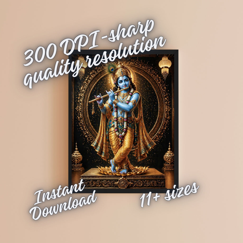 Lord Krishna Wall Art Printable | Krishna Playing Flute Blue Skin Peacock Feather Crown Gold Regalia Lotus Pedestal Dark Mandala Temple | Hindu Pooja Room Spiritual Decor Gift