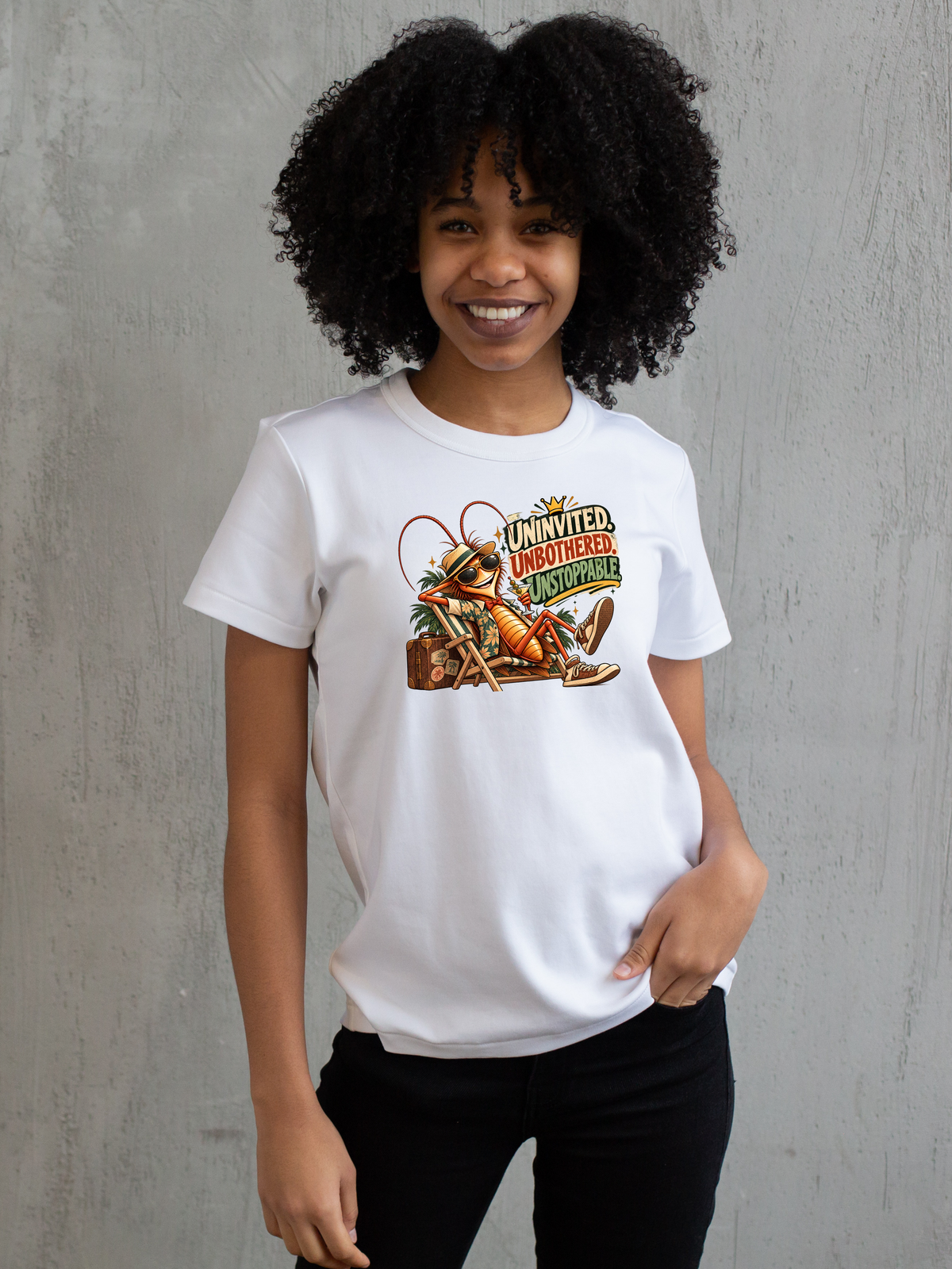 Uninvited Unbothered Unstoppable Crown Roach PNG | Tropical Deck Chair Shirt Art, 6 Sizes, Personal Use