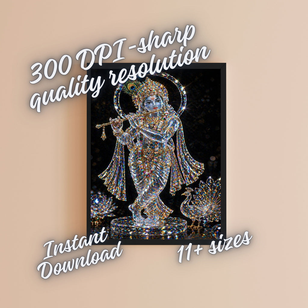 Lord Krishna Crystal Wall Art Printable | Diamond Crystal Sculpture Bansuri Flute Peacock Feather Crown Crystal Halo Crystal Peacock Lotus Black Background Luxury | Hindu Spiritual Decor Gift