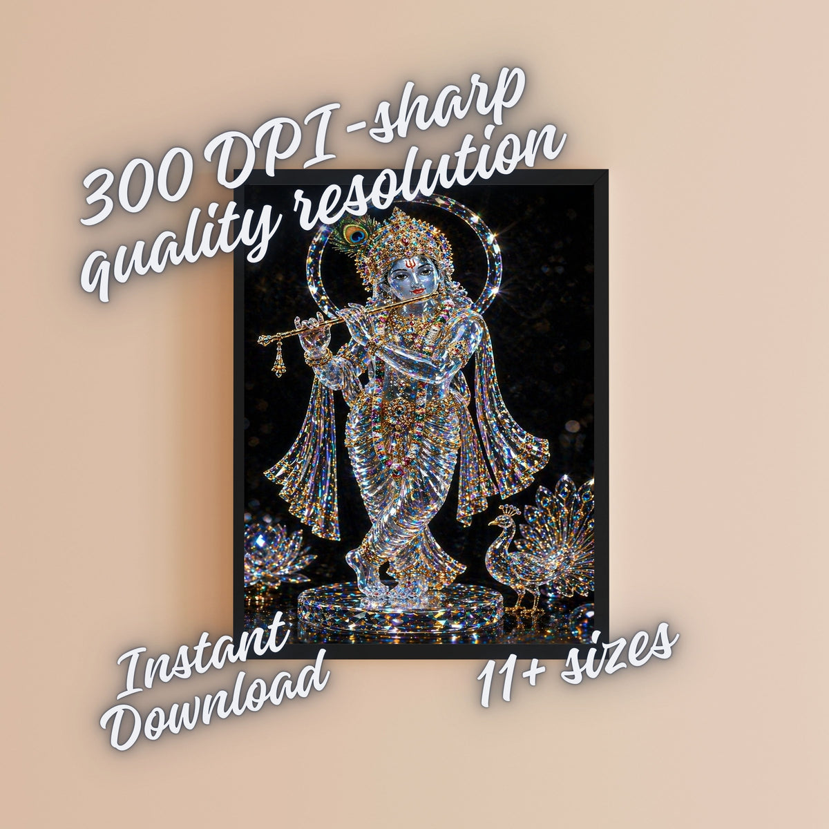 Lord Krishna Crystal Wall Art Printable | Diamond Crystal Sculpture Bansuri Flute Peacock Feather Crown Crystal Halo Crystal Peacock Lotus Black Background Luxury | Hindu Spiritual Decor Gift